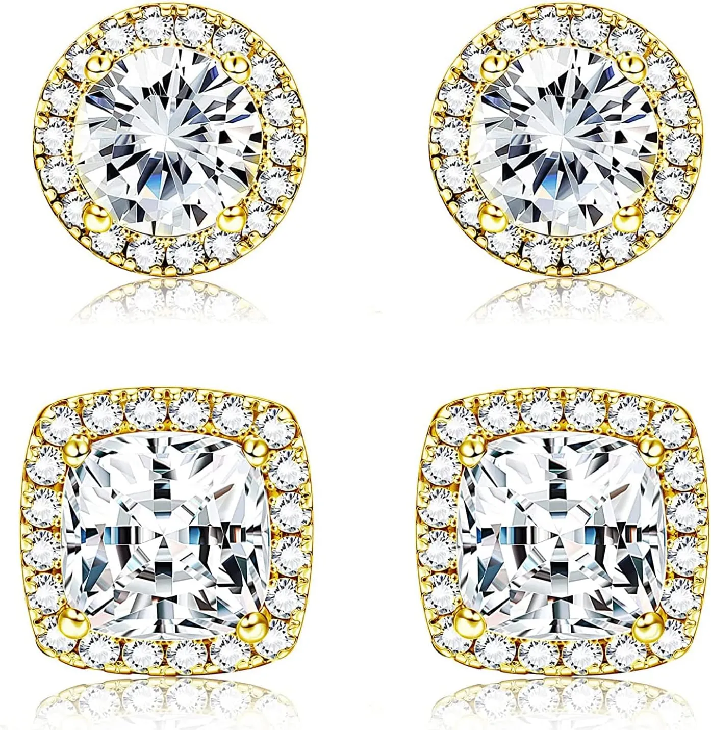 1-2 Pairs 925 Sterling Silver Mens Earrings Cubic Zirconia Halo Stud Earrings for Men 18K Gold Plated Heart/Round/Square Cut CZ Stud Earrings Set for Women Men