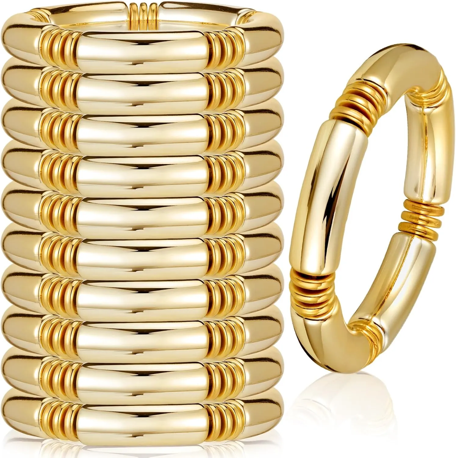 10 Pcs Gold Chunky Bangle Bracelets Gold Plated Stack Layered Bangle Bracelets Curved Bamboo Tube Bangle Stretch Bracelets Flexible Wide Wristband Bracelets for Women Jewelry Gifts