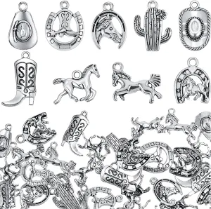 100 Pieces Western Cowboy Charms for Jewelry Making Alloy Antique Silver Cowboy Boot Hat Horse Cactus Charms Horse Western Pendant Cowboy Charms for Bracelet Necklace, 10 Styles