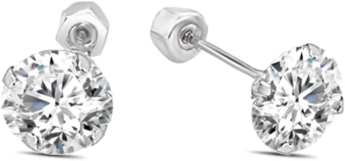 10K Gold Large mm CZ Stud Earrings 4 Prong with Secure Backing Posts
