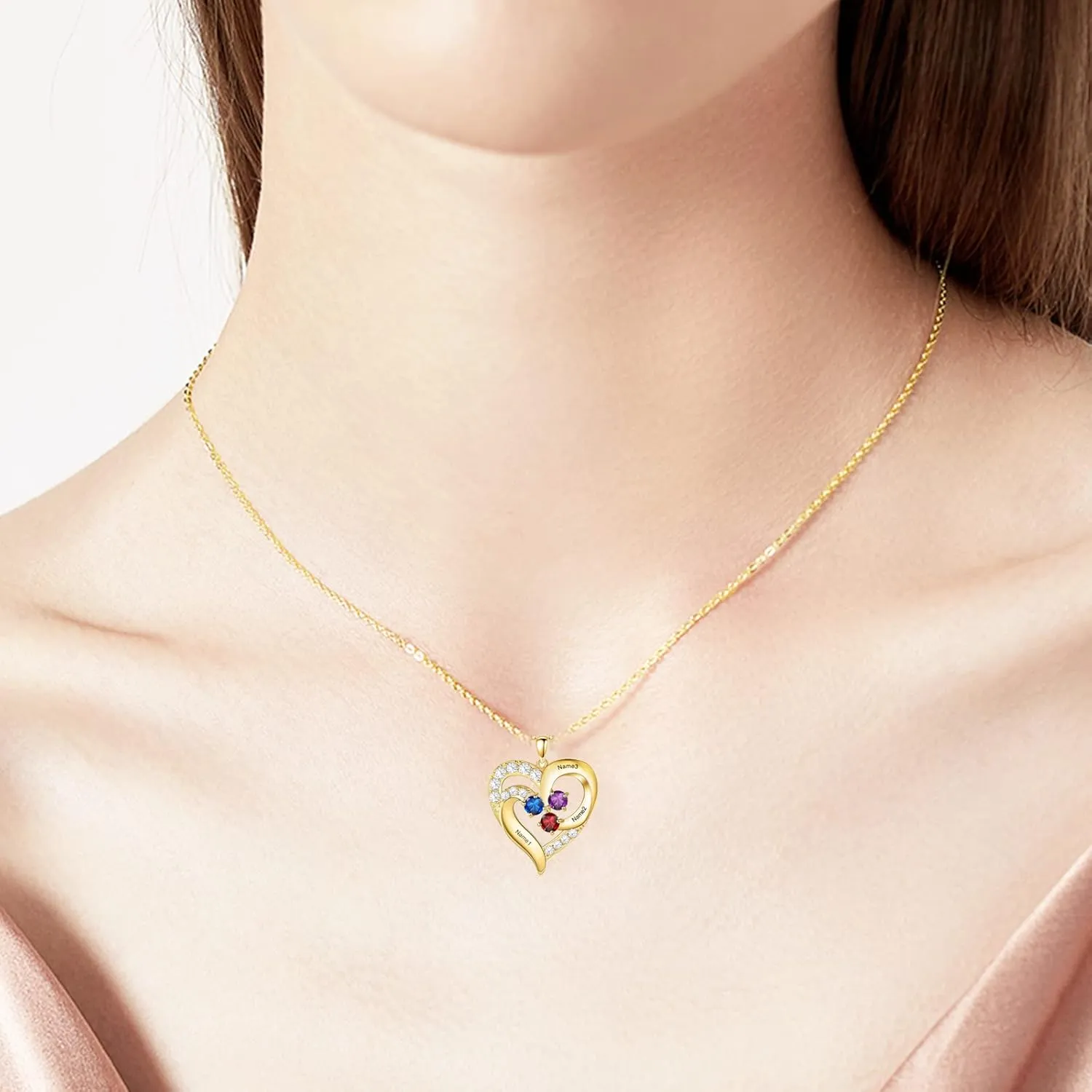 10K/14K/18K Solid Gold Personalized Mom Necklace with Birthstone Customized Name Heart Necklace Personalized Birthstone Gifts for Mom,Women