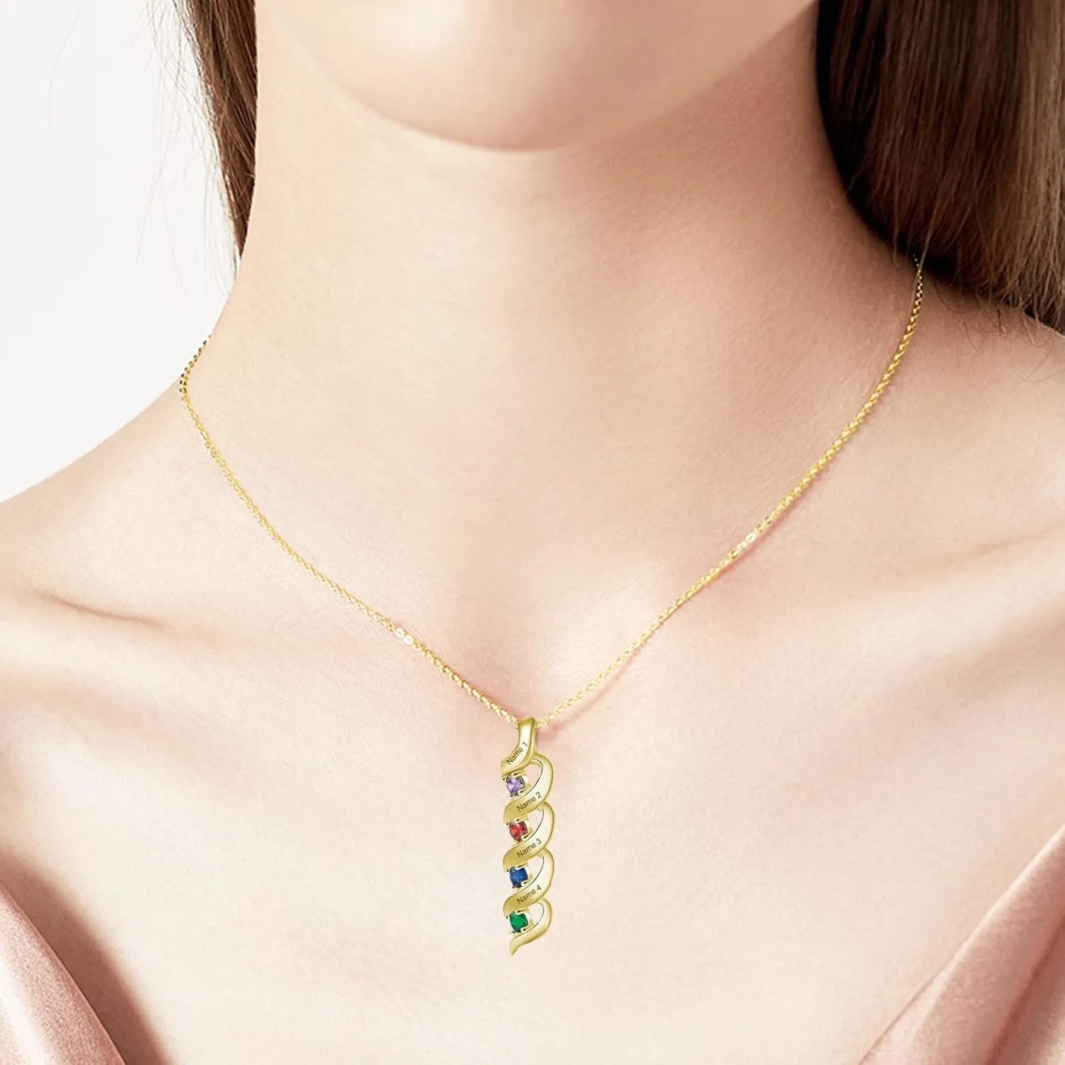 10K/14K/18K Solid Gold Personalized Mothers Name Necklace with 1-5 Simulated Birthstones Custom Name Pendant Necklace Personalized Birthstone Gifts for Mom