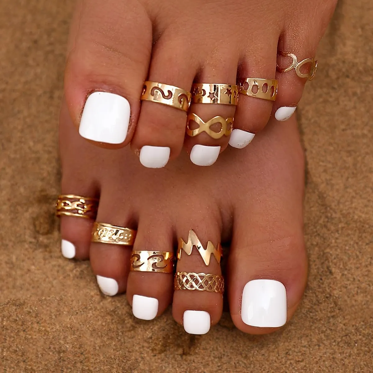 10pcs 14K Gold Plated Adjustable Toe Rings for Women, Boho Summer Beach Open Toe Rings Set Flower Leaf Tail Pinky Band Rings Barefoot Foot Jewelry Set