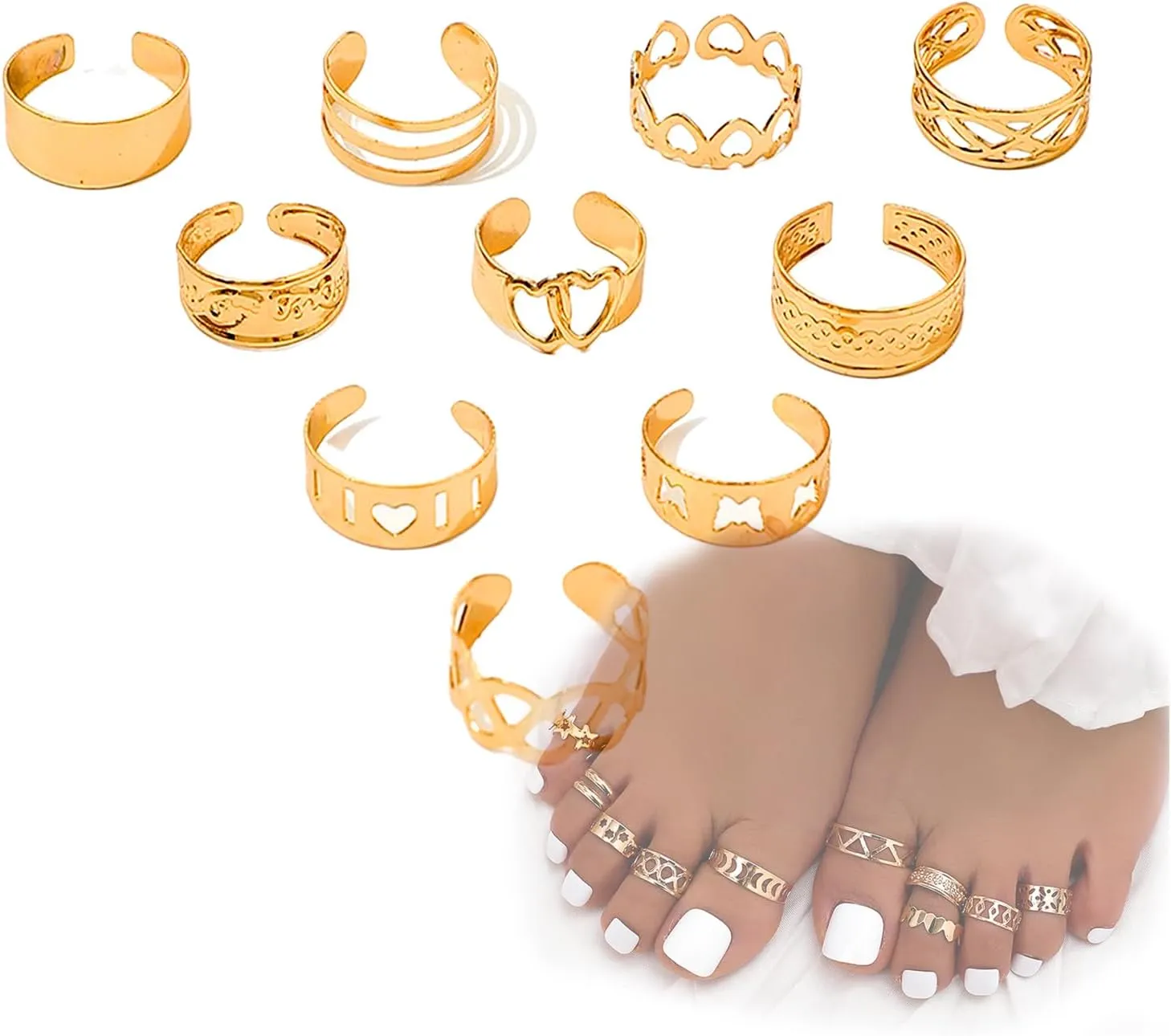 10pcs 14K Gold Plated Adjustable Toe Rings for Women, Boho Summer Beach Open Toe Rings Set Flower Leaf Tail Pinky Band Rings Barefoot Foot Jewelry Set