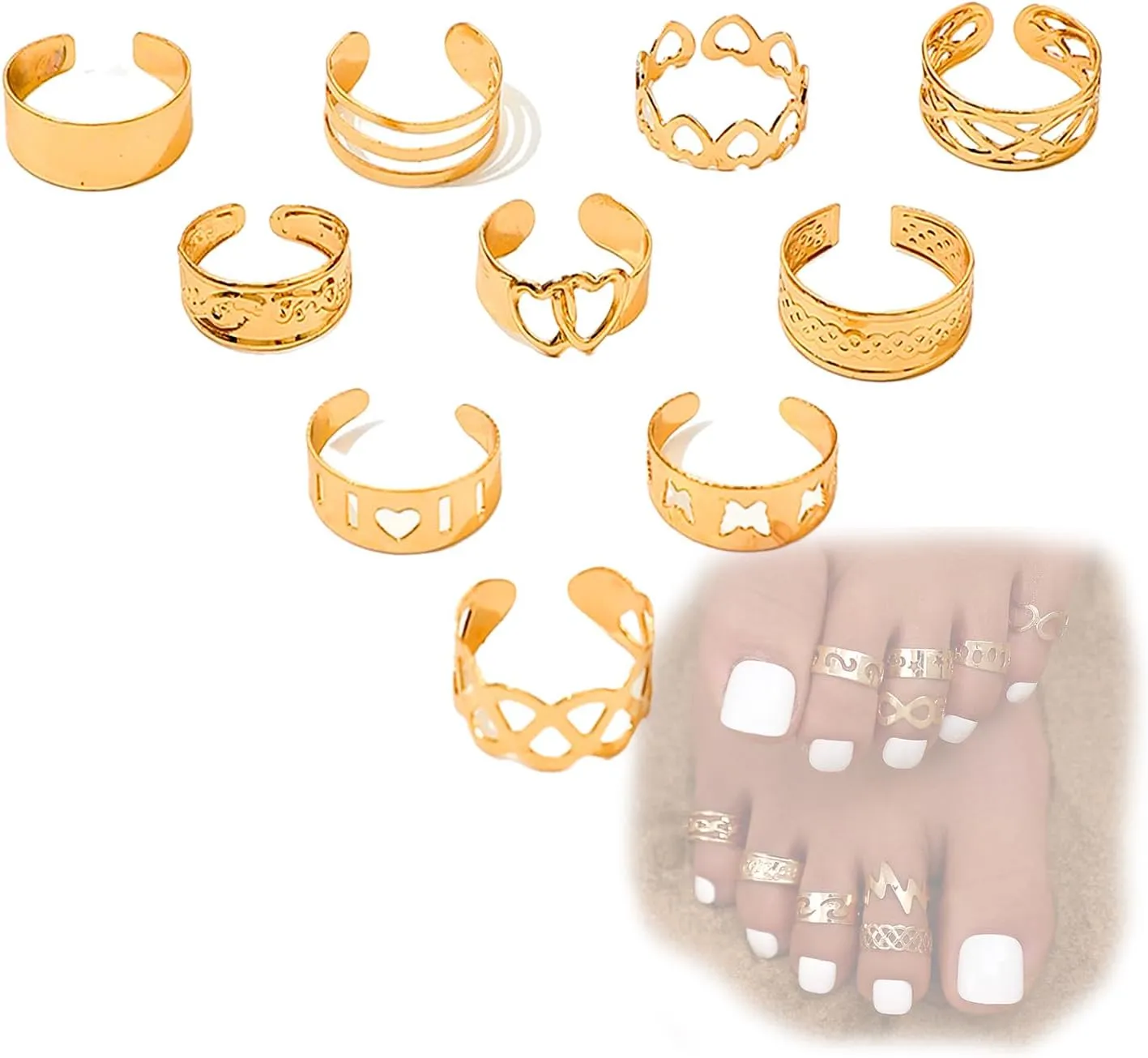 10pcs 14K Gold Plated Adjustable Toe Rings for Women, Boho Summer Beach Open Toe Rings Set Flower Leaf Tail Pinky Band Rings Barefoot Foot Jewelry Set