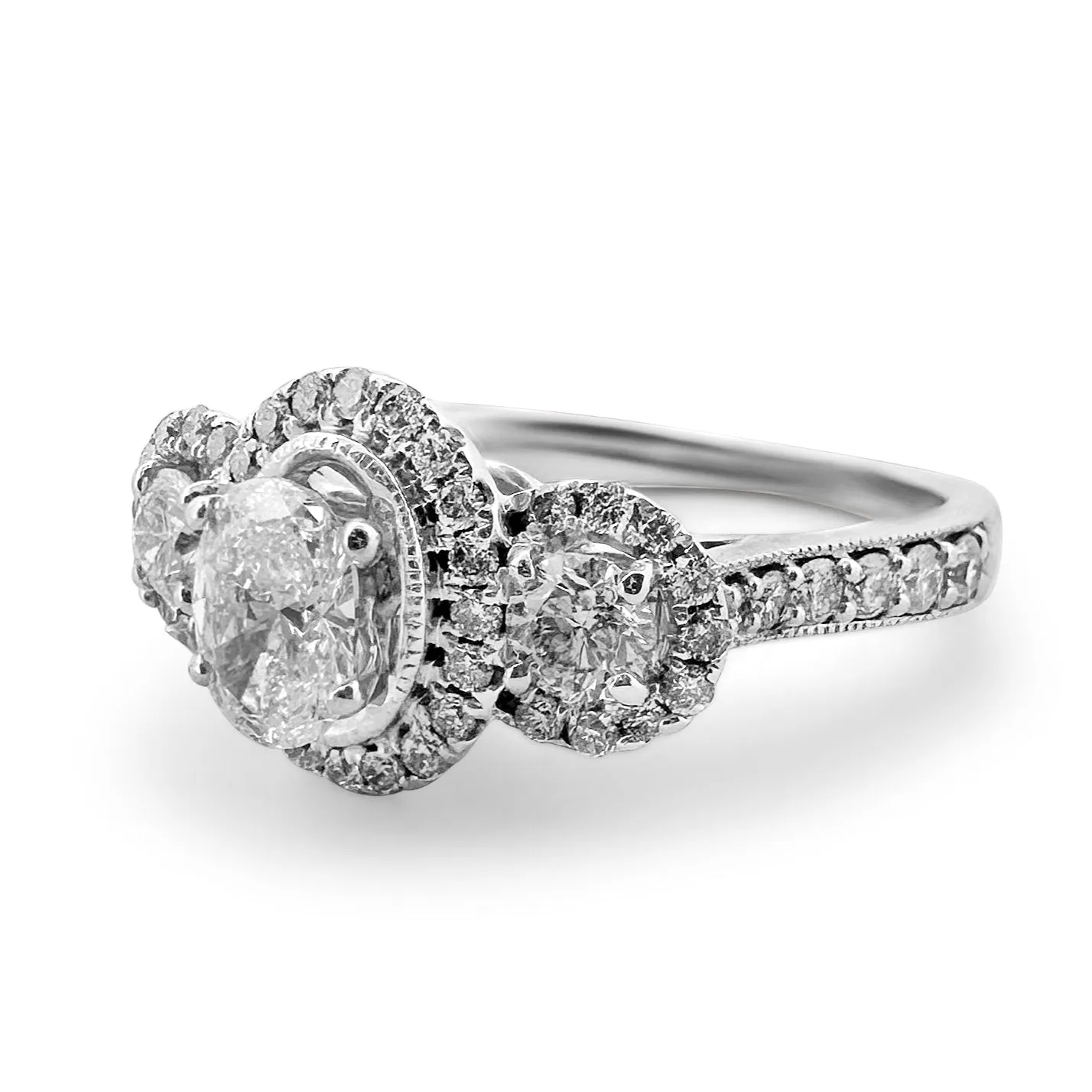 1.16ctw 3-stone Oval and Round Halo Engagement Ring in 14k White Gold