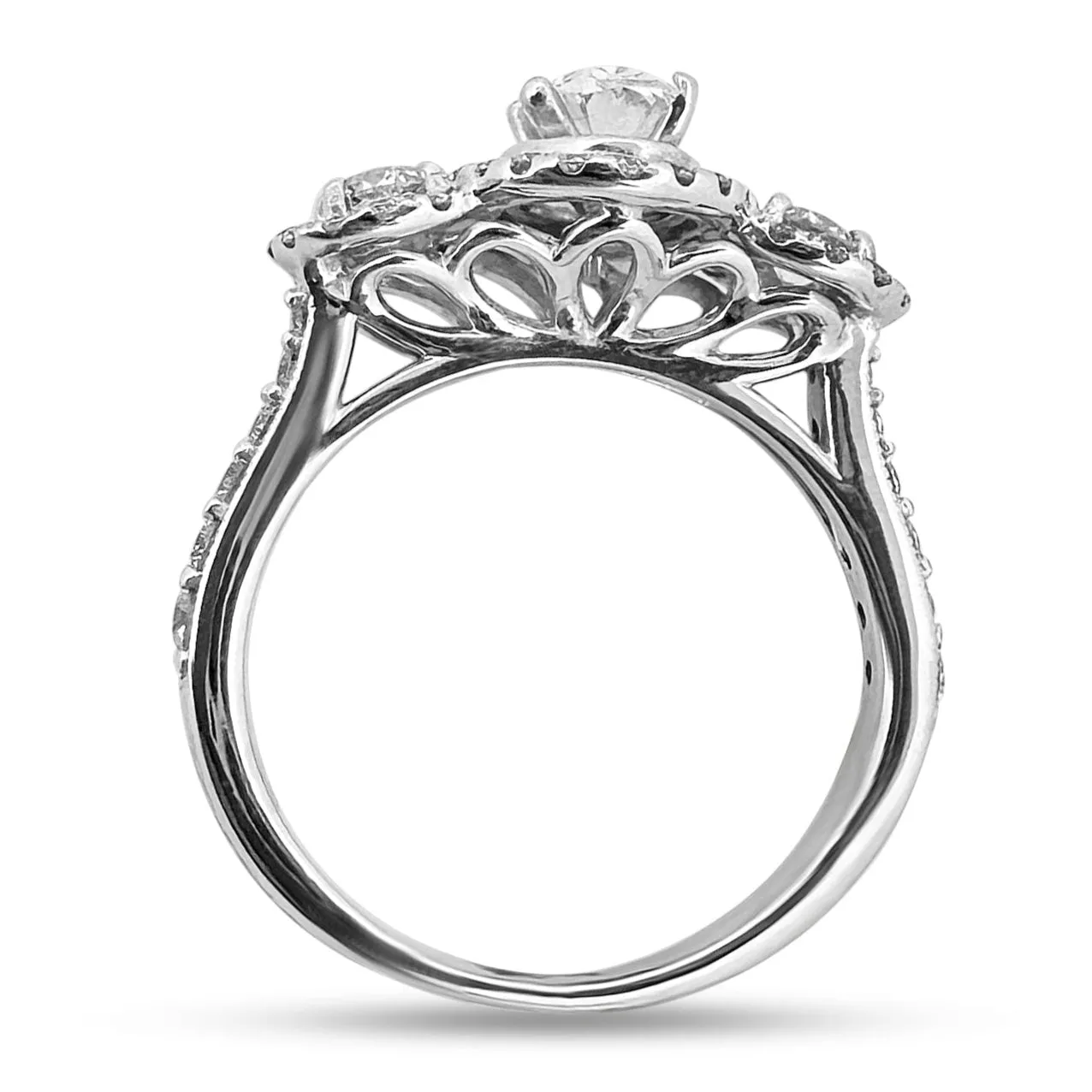1.16ctw 3-stone Oval and Round Halo Engagement Ring in 14k White Gold