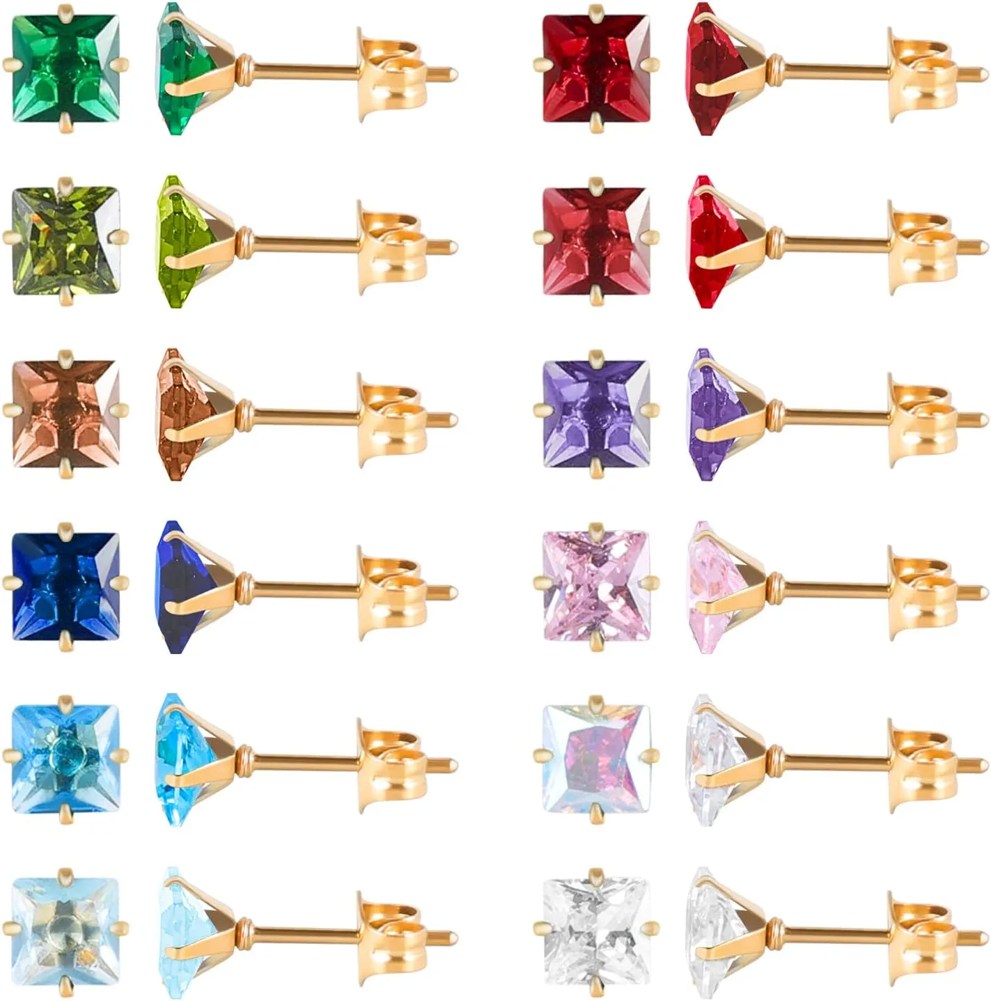 12 Pairs 18K Gold Plated Surgical Stainless Steel Stud Earrings, Star Heart Square Stud Earring for Women, Cubic Zirconia Birthstone Stud Earrings Set