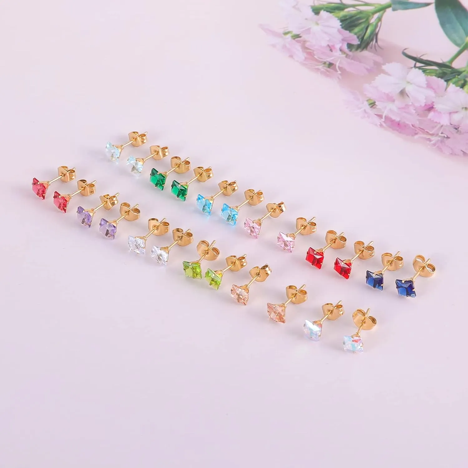 12 Pairs 18K Gold Plated Surgical Stainless Steel Stud Earrings, Star Heart Square Stud Earring for Women, Cubic Zirconia Birthstone Stud Earrings Set
