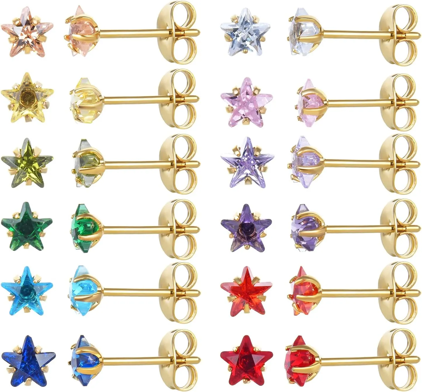 12 Pairs 18K Gold Plated Surgical Stainless Steel Stud Earrings, Star Heart Square Stud Earring for Women, Cubic Zirconia Birthstone Stud Earrings Set