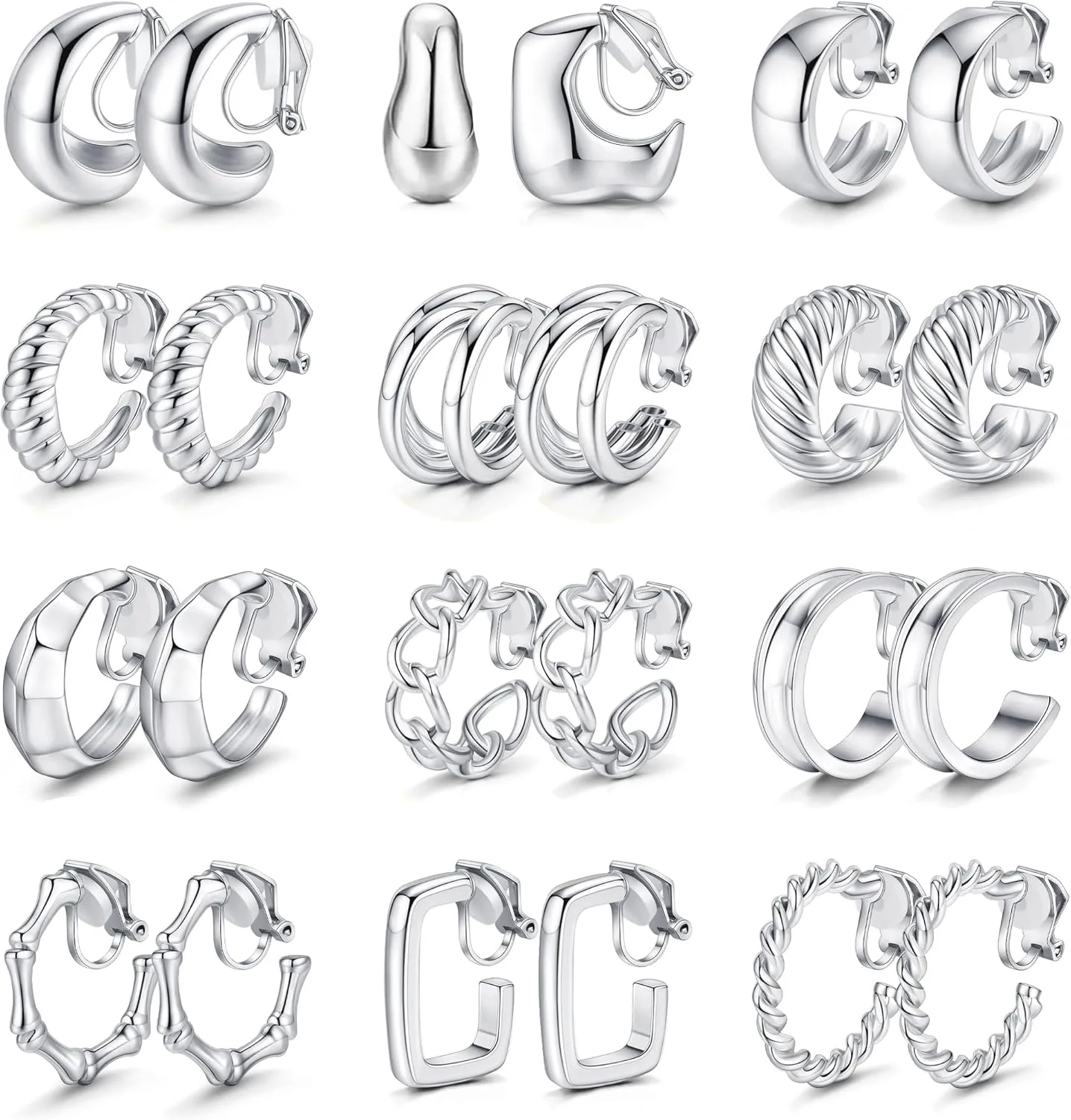 12 Pairs Gold Clip on Earrings for Women 14K Gold Plated Chunky Clip on Hoop Earrings Non-Pierced Fake Earrings Set