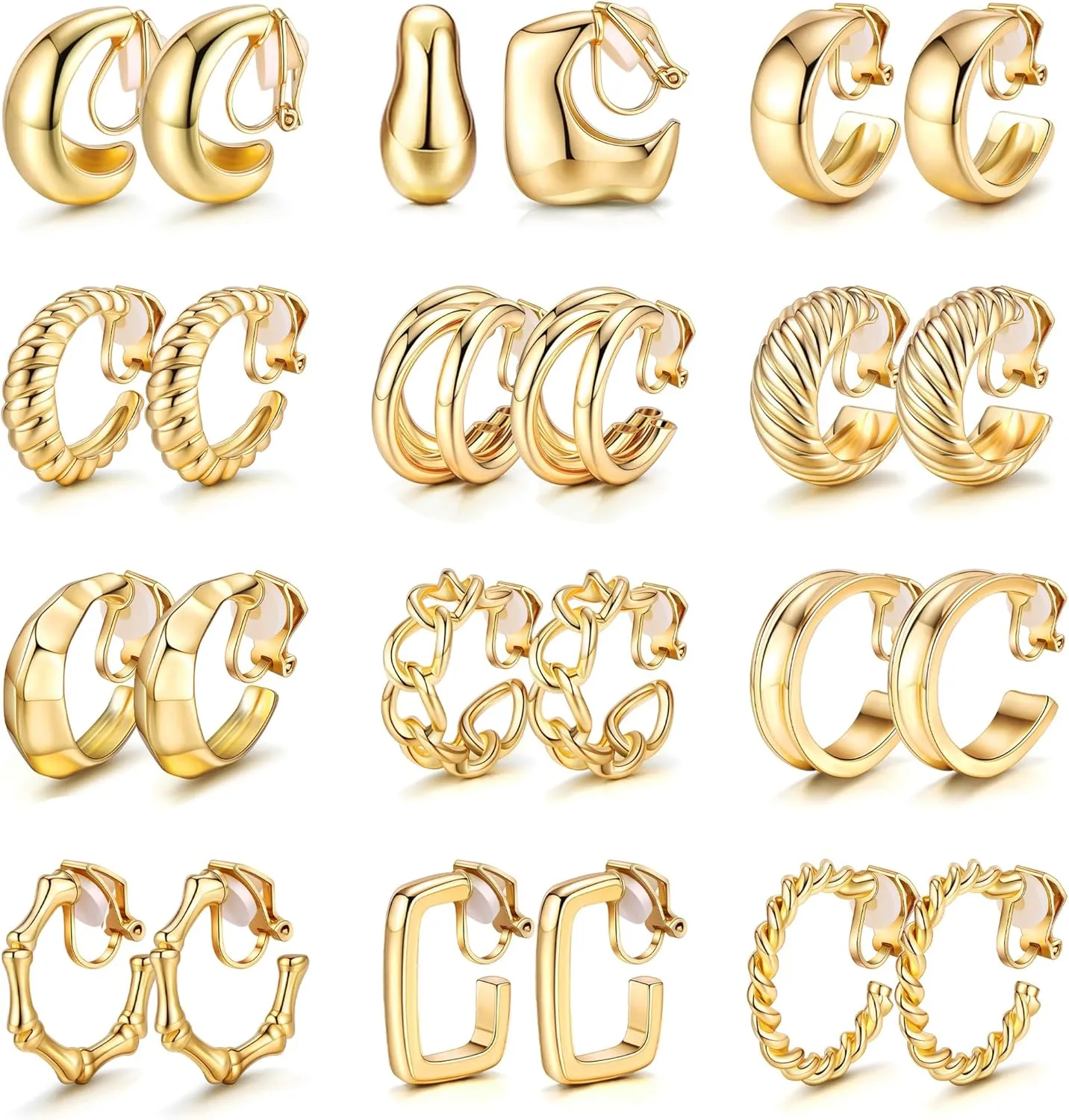 12 Pairs Gold Clip on Earrings for Women 14K Gold Plated Chunky Clip on Hoop Earrings Non-Pierced Fake Earrings Set