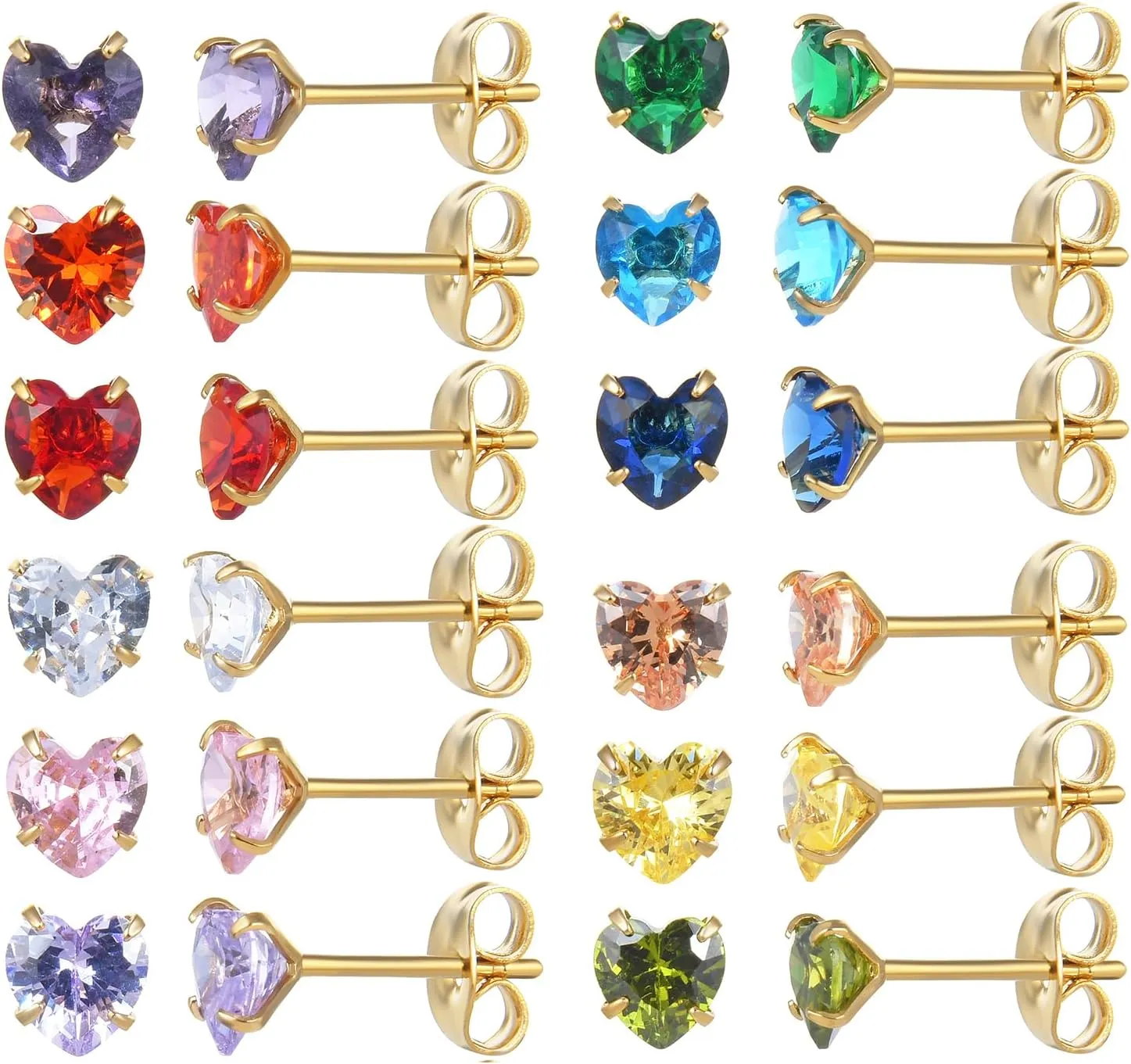 12 Pairs Surgical Stainless Steel Birthstone Cubic Zirconia Stud Earrings, Gold Plated Round Star Heart Square Princess Cut CZ Stud Earrings Set