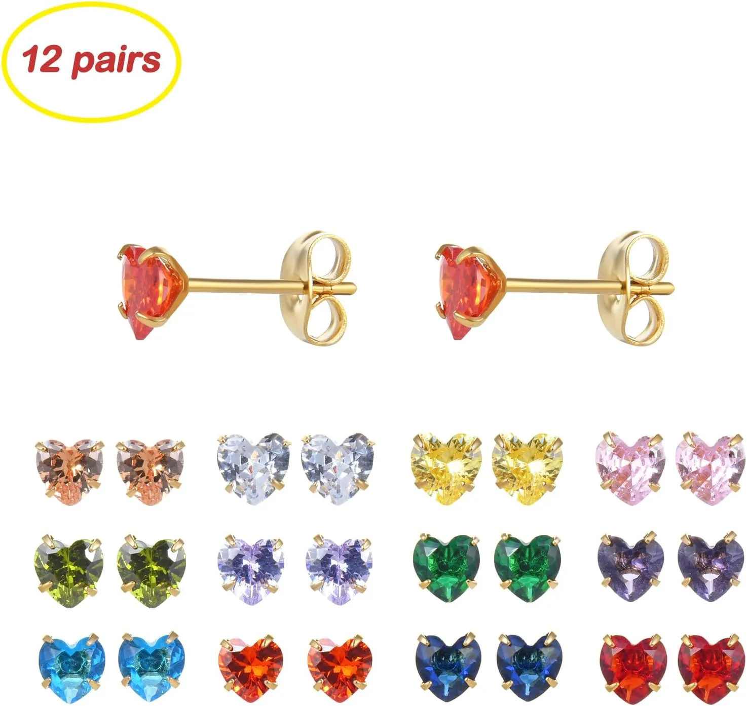 12 Pairs Surgical Stainless Steel Birthstone Cubic Zirconia Stud Earrings, Gold Plated Round Star Heart Square Princess Cut CZ Stud Earrings Set