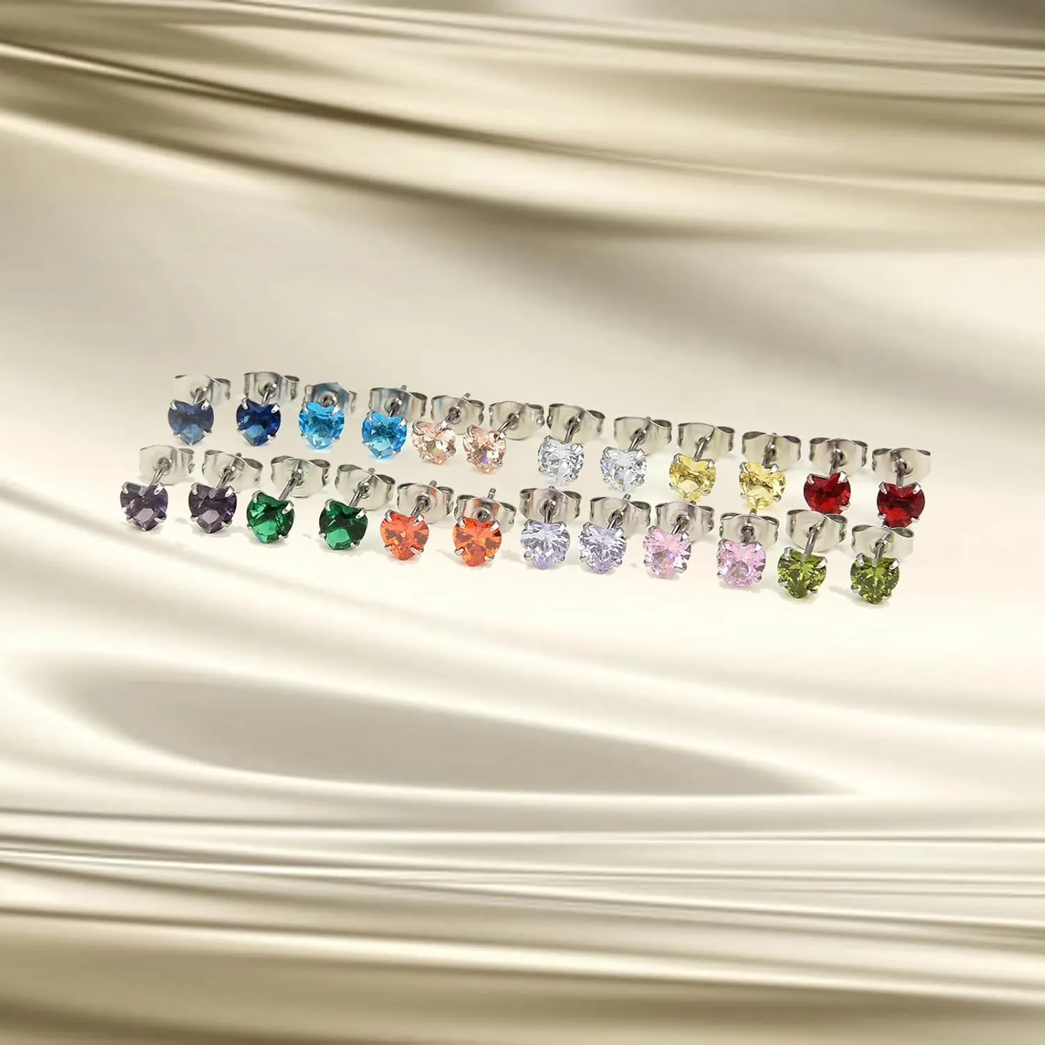 12 Pairs Surgical Stainless Steel Birthstone Cubic Zirconia Stud Earrings, Gold Plated Round Star Heart Square Princess Cut CZ Stud Earrings Set