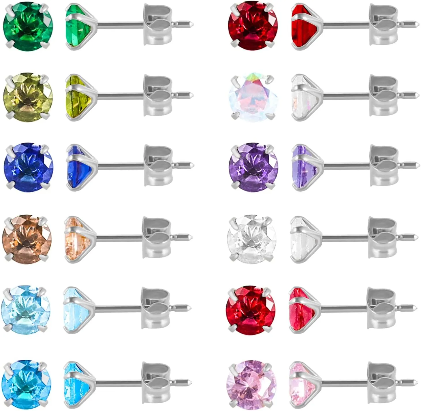 12 Pairs Surgical Stainless Steel Birthstone Cubic Zirconia Stud Earrings, Gold Plated Round Star Heart Square Princess Cut CZ Stud Earrings Set