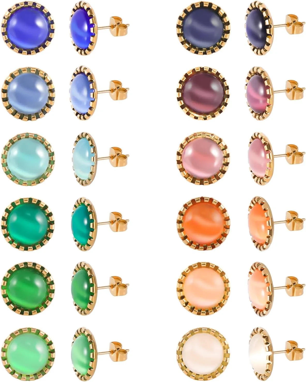12 Pairs Surgical Stainless Steel Cat's Eye Stone Stud Earrings, 18K Gold Plated Multicolor Gemstone Stud Earrings Set for Women