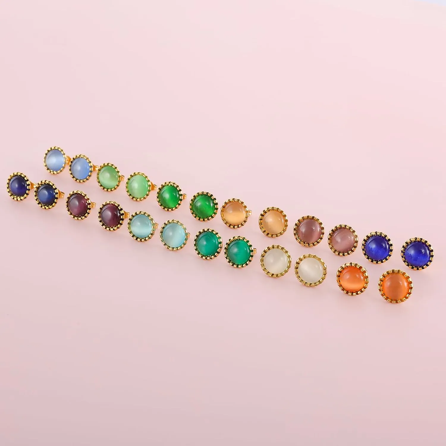 12 Pairs Surgical Stainless Steel Cat's Eye Stone Stud Earrings, 18K Gold Plated Multicolor Gemstone Stud Earrings Set for Women