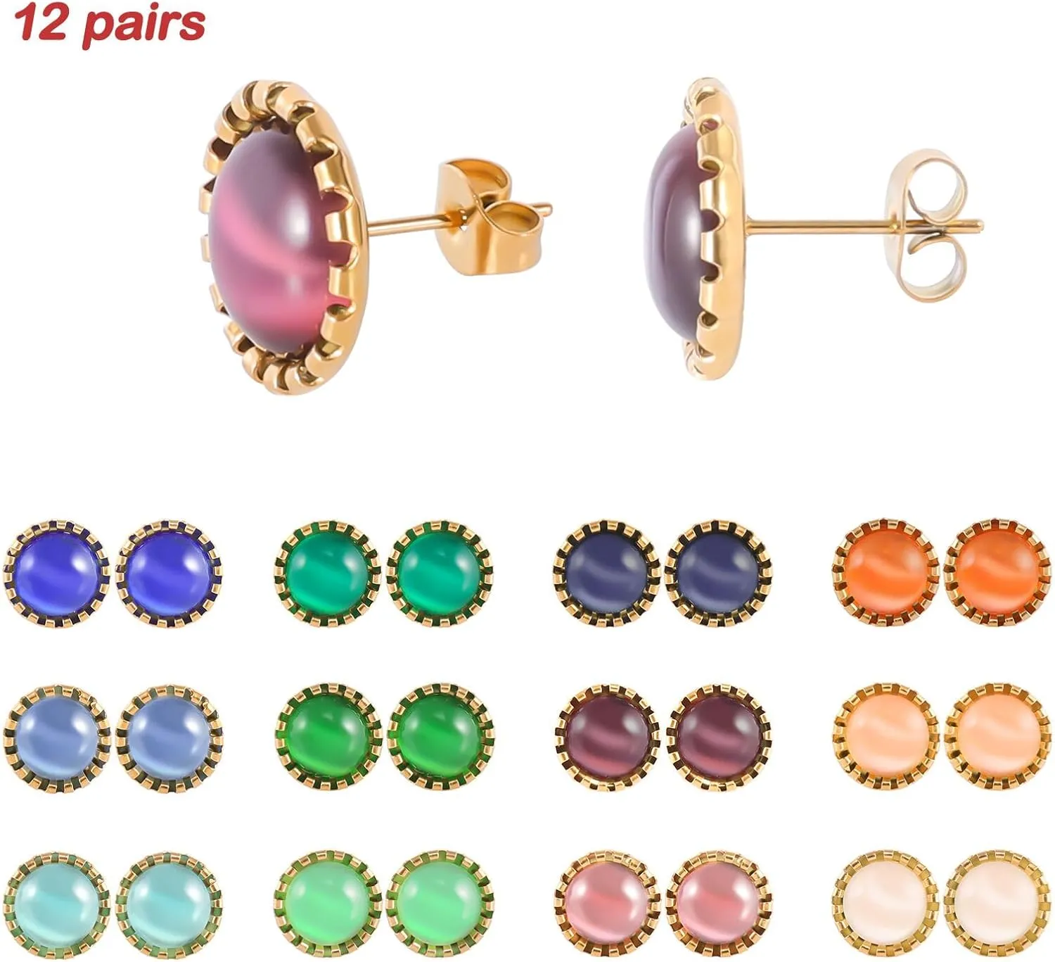 12 Pairs Surgical Stainless Steel Cat's Eye Stone Stud Earrings, 18K Gold Plated Multicolor Gemstone Stud Earrings Set for Women