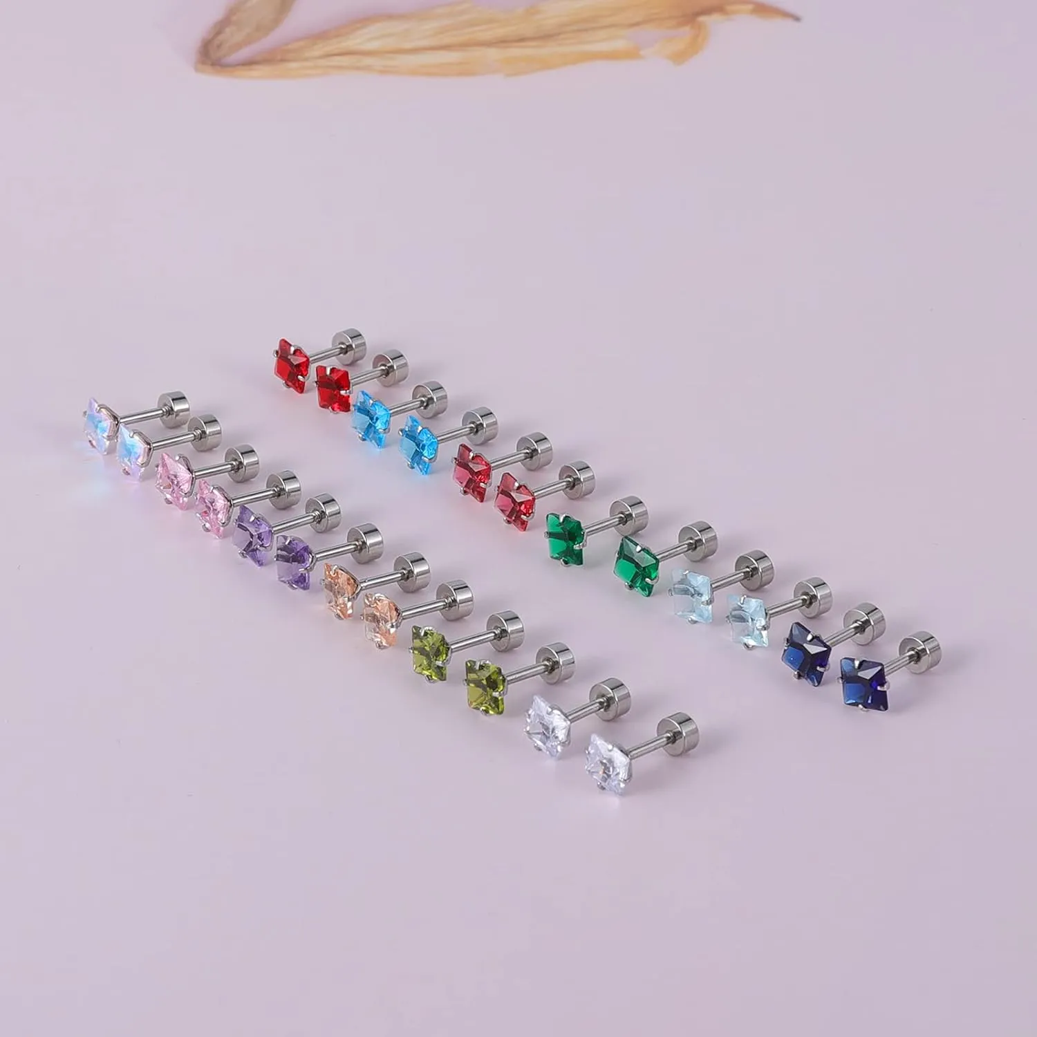 12 Pairs Surgical Stainless Steel Flat Back Screw Back Round Heart Star Square Teardrop Cubic Zirconia Birthstone Stud Earrings Set for Women