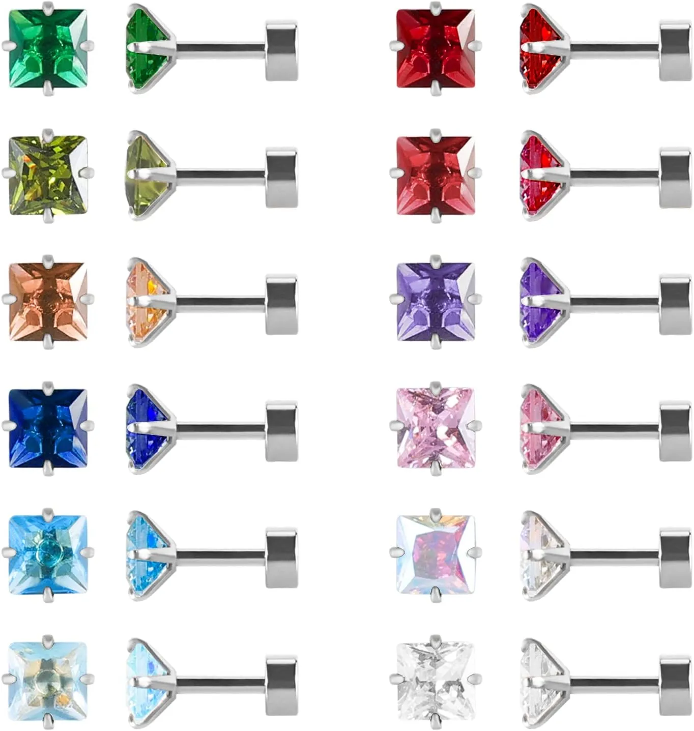12 Pairs Surgical Stainless Steel Flat Back Screw Back Round Heart Star Square Teardrop Cubic Zirconia Birthstone Stud Earrings Set for Women