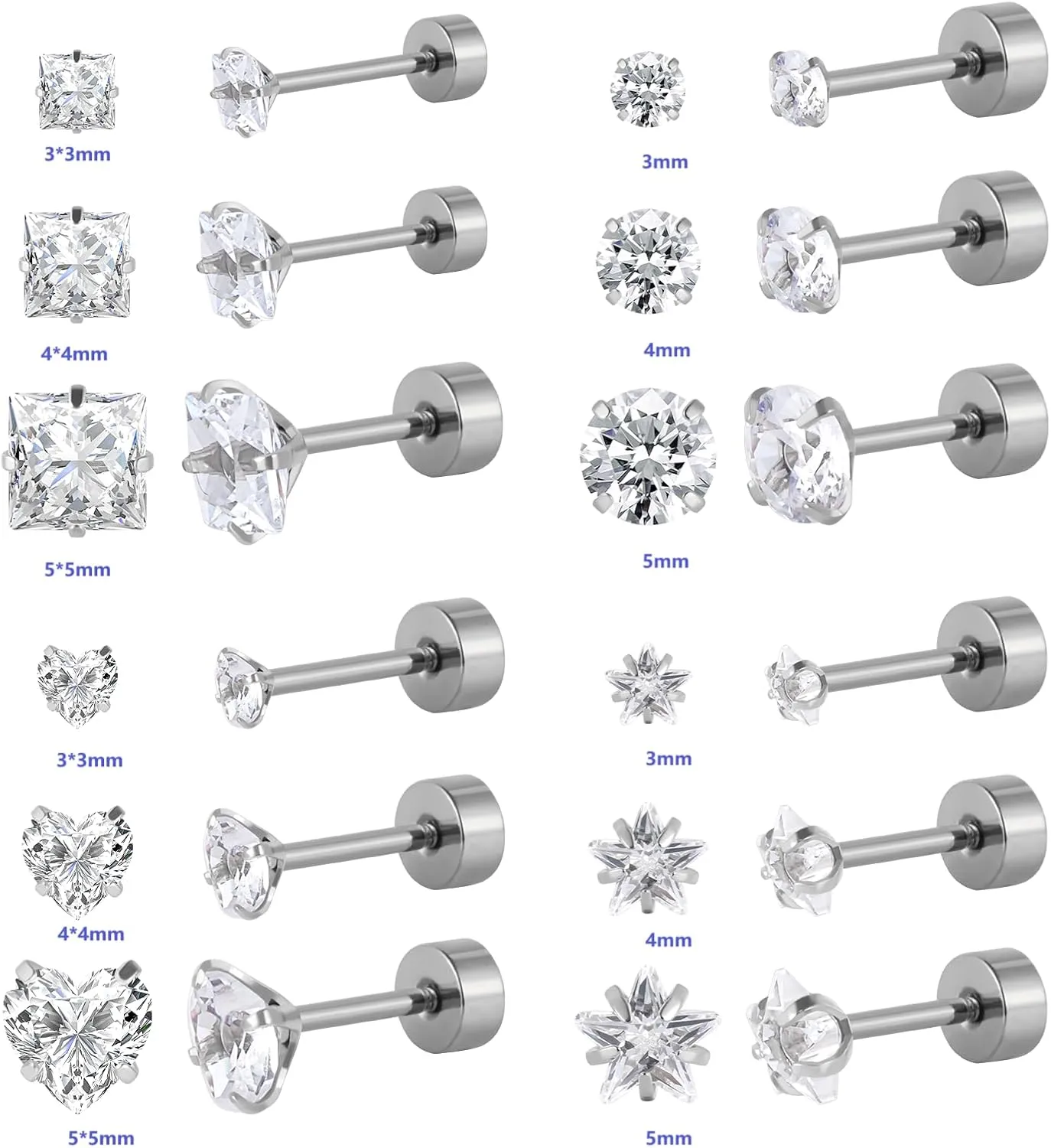 12 Pairs Surgical Stainless Steel Screw back Stud Earrings, 18K Gold Black Plated Star Heart Square Princess Cut Round Cubic Zirconia CZ Stud Earrings Set