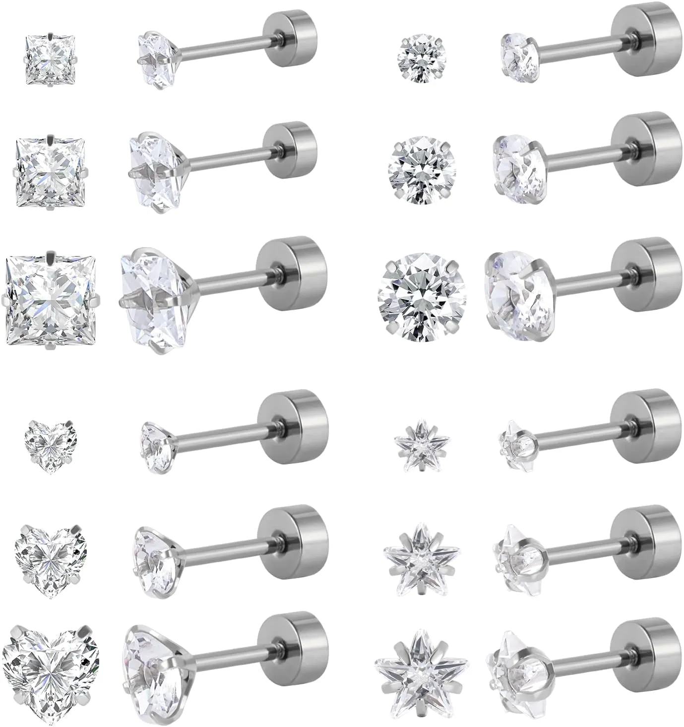 12 Pairs Surgical Stainless Steel Screw back Stud Earrings, 18K Gold Black Plated Star Heart Square Princess Cut Round Cubic Zirconia CZ Stud Earrings Set