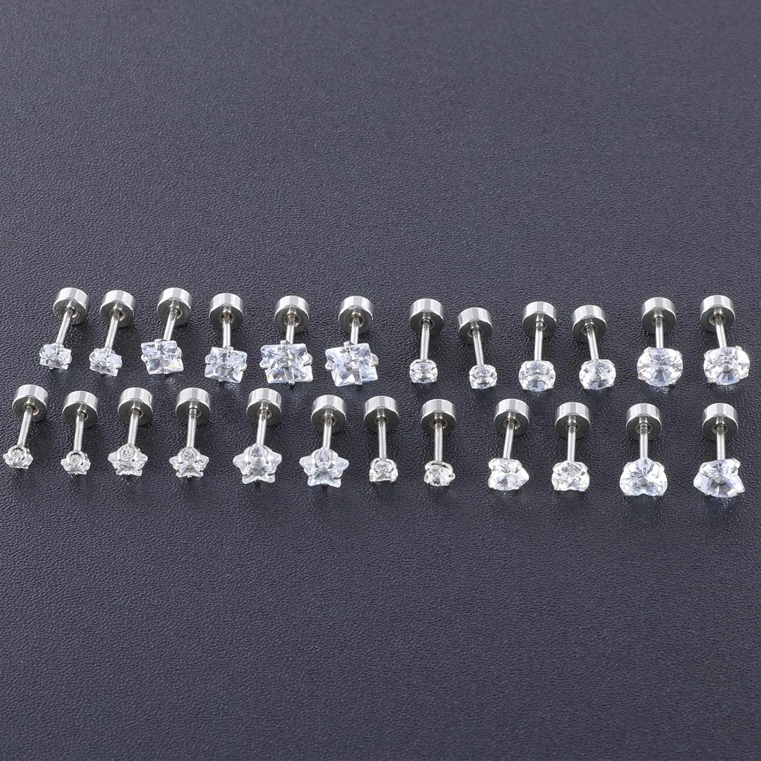 12 Pairs Surgical Stainless Steel Screw back Stud Earrings, 18K Gold Black Plated Star Heart Square Princess Cut Round Cubic Zirconia CZ Stud Earrings Set