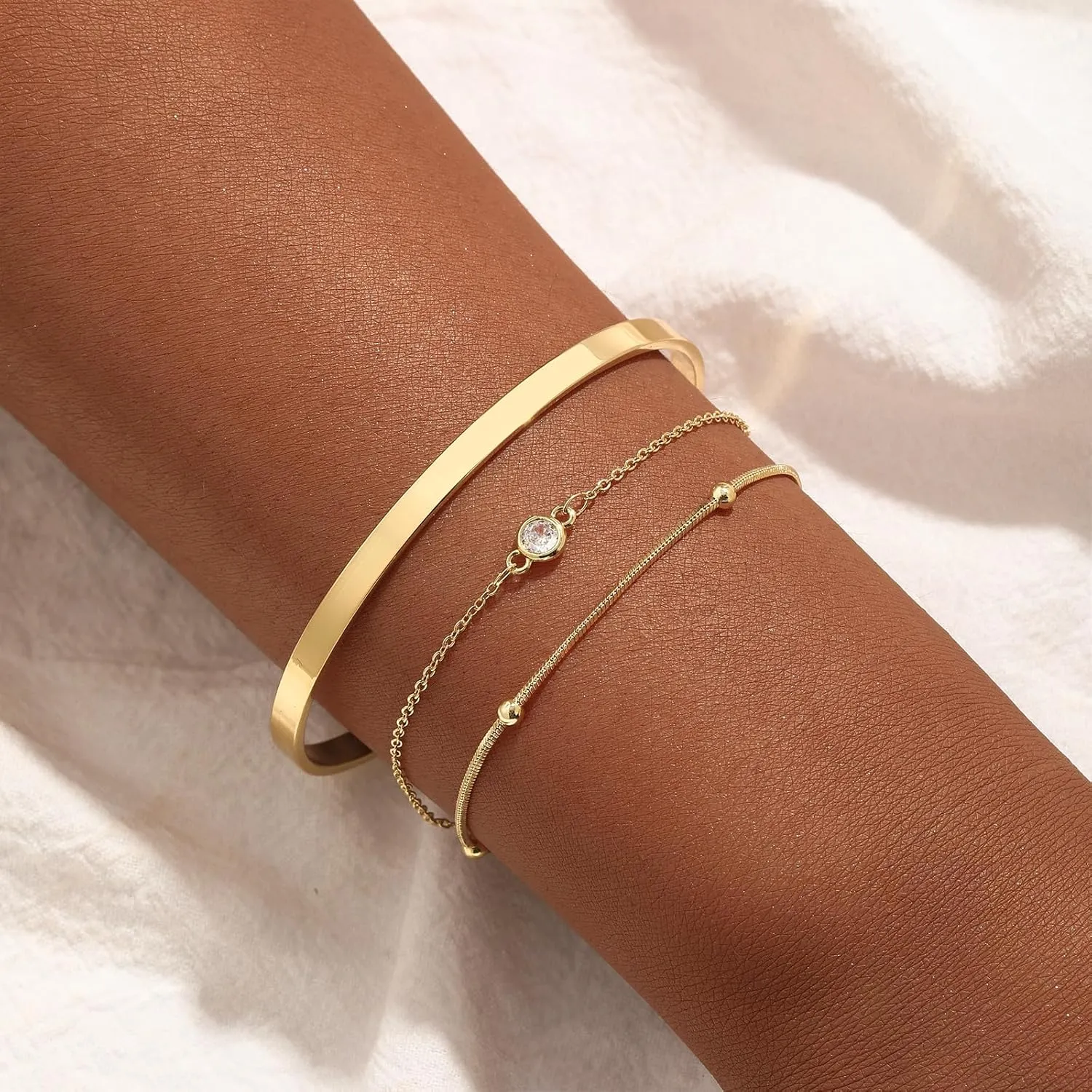 14K Gold Bracelets for Women Dainty Waterproof Jewelry Set Minimalist Stackable Herringbone Cuban Chain Fashion Charm Gold Bracelets Trendy Accessories for Gifts