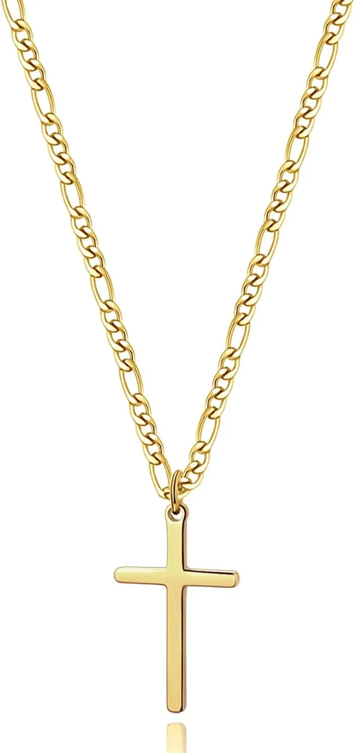 14K Gold Filled Cross Necklace for Men Figaro Chain Stainless Steel Plain Polished Cross Pendant Necklace Simple Faith Jewelry Gift for Women