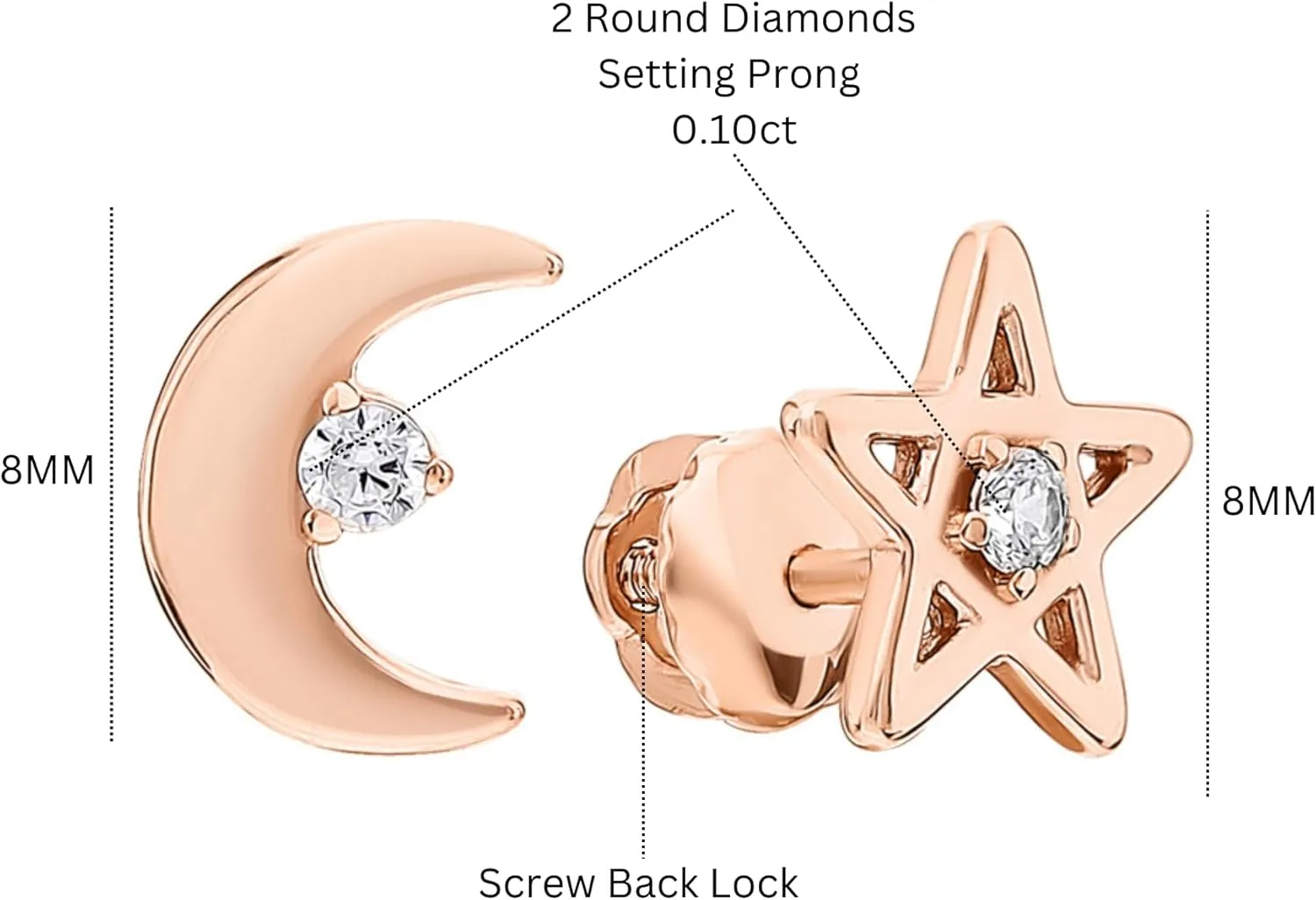 14k Gold Moon Star Diamond (0.10ct) Earring, Crescent Stud Earrings, Dainty Earrings, Minimal Celestial Stud, StarJewelry Gifts.