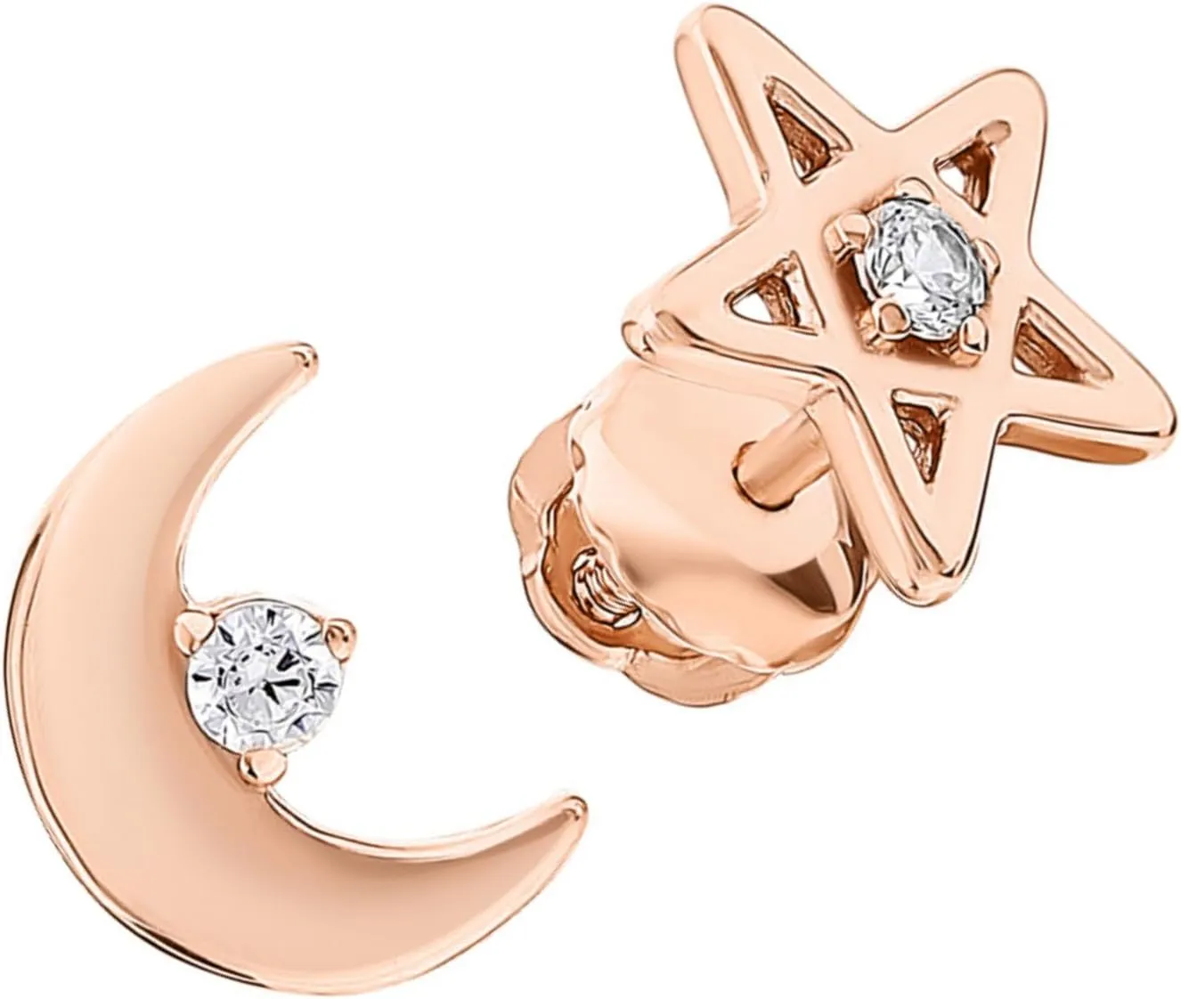 14k Gold Moon Star Diamond (0.10ct) Earring, Crescent Stud Earrings, Dainty Earrings, Minimal Celestial Stud, StarJewelry Gifts.