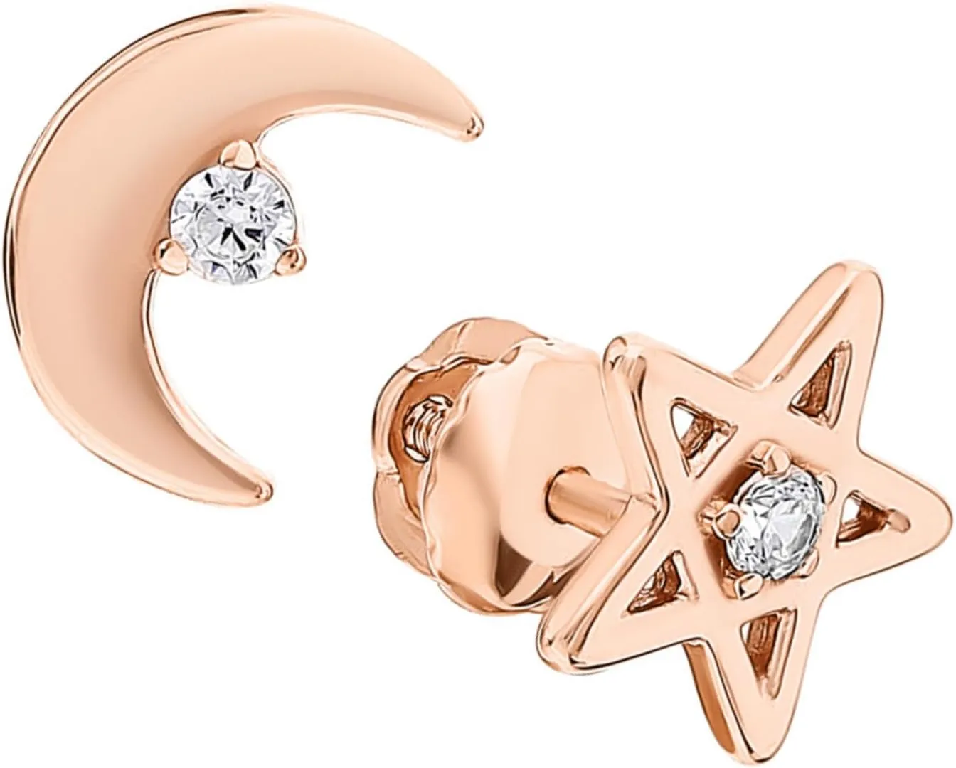14k Gold Moon Star Diamond (0.10ct) Earring, Crescent Stud Earrings, Dainty Earrings, Minimal Celestial Stud, StarJewelry Gifts.