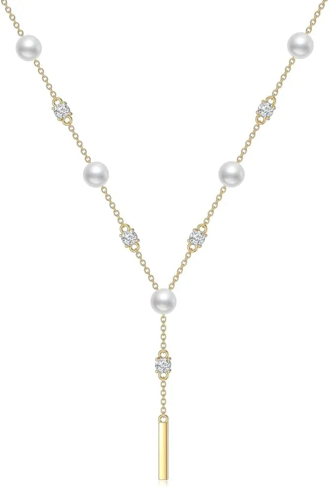 14K Gold Pearl Lariat Necklace for Women, Real Yellow Gold Y Shape 6mm Pearl Necklace with Cubic Zirconia and Solid Gold Bar, for Ladies Mom, 16 1 1 inch