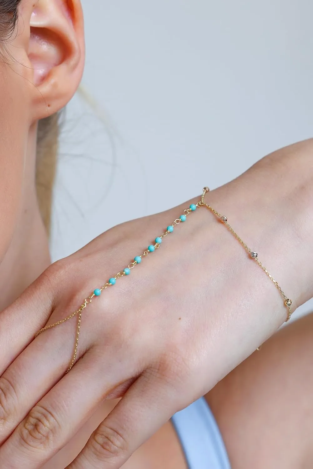 14k Solid Gold Bracelet Ring Hand Chain - Adjustable Finger Chain Bracelet Gold | Dainty Charm Hand Jewelry for Women | Mothers Day Gifts for Her | 7'' to 8