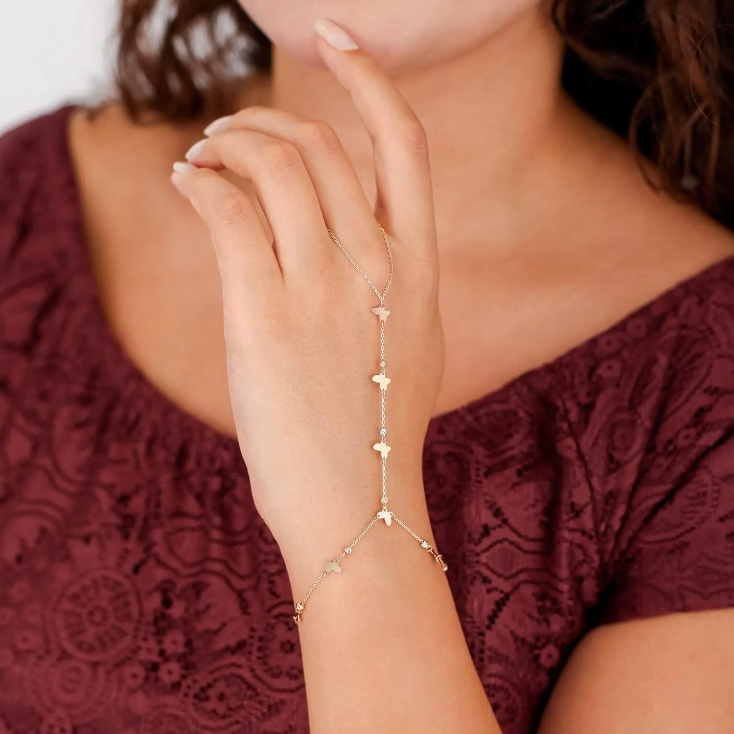 14k Solid Gold Bracelet Ring Hand Chain - Adjustable Finger Chain Bracelet Gold | Dainty Charm Hand Jewelry for Women | Mothers Day Gifts for Her | 7'' to 8