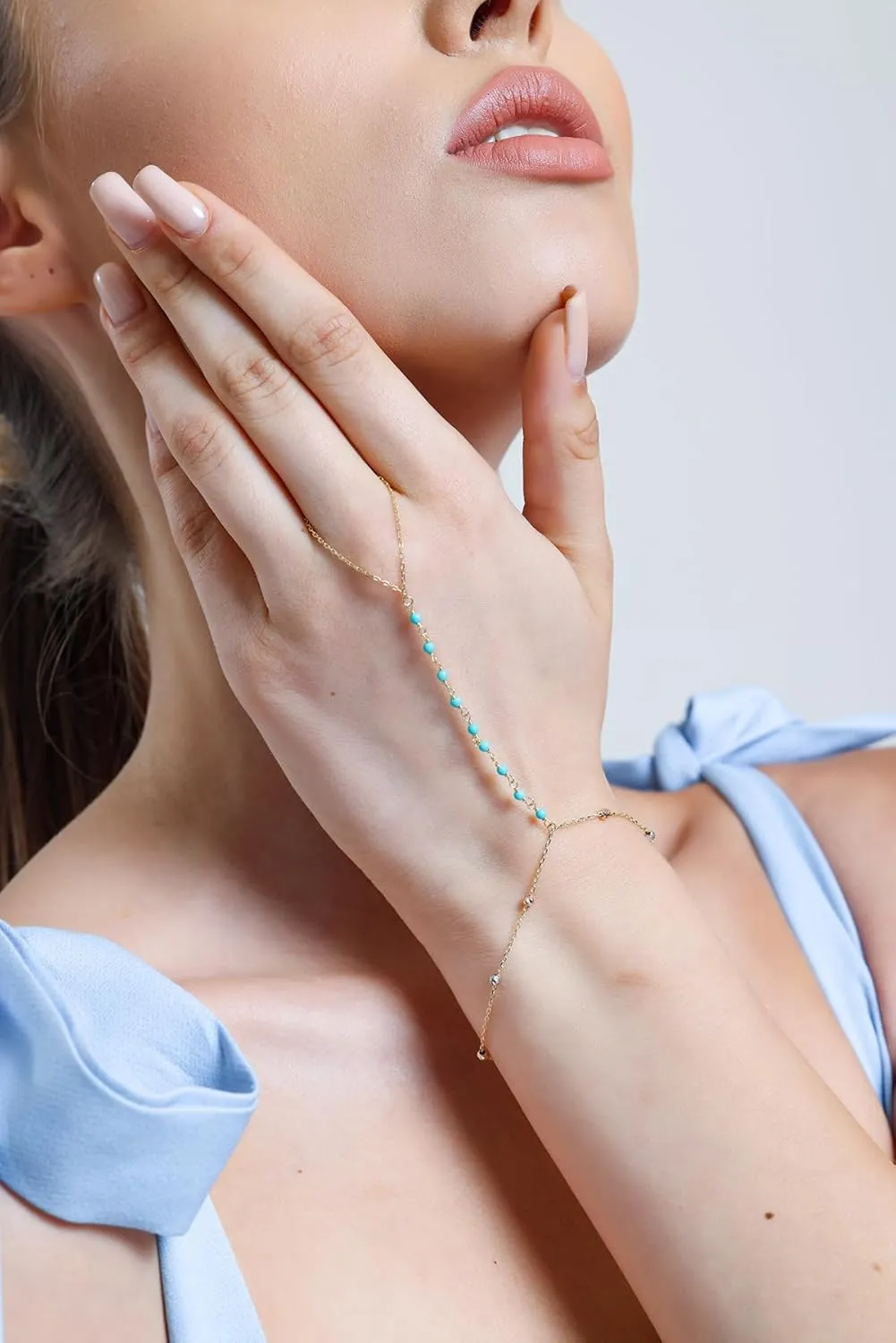 14k Solid Gold Bracelet Ring Hand Chain - Adjustable Finger Chain Bracelet Gold | Dainty Charm Hand Jewelry for Women | Mothers Day Gifts for Her | 7'' to 8