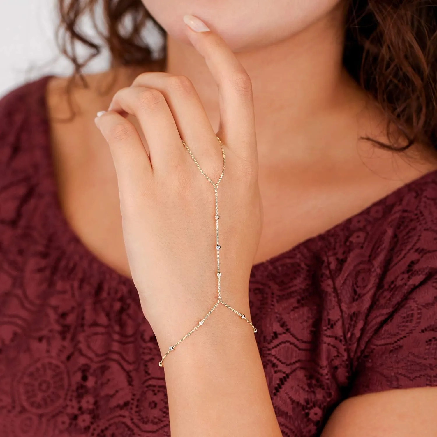 14k Solid Gold Bracelet Ring Hand Chain - Adjustable Finger Chain Bracelet Gold | Dainty Charm Hand Jewelry for Women | Mothers Day Gifts for Her | 7'' to 8