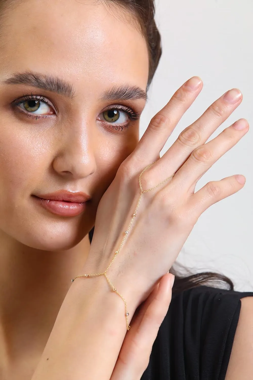 14k Solid Gold Bracelet Ring Hand Chain - Adjustable Finger Chain Bracelet Gold | Dainty Charm Hand Jewelry for Women | Mothers Day Gifts for Her | 7'' to 8