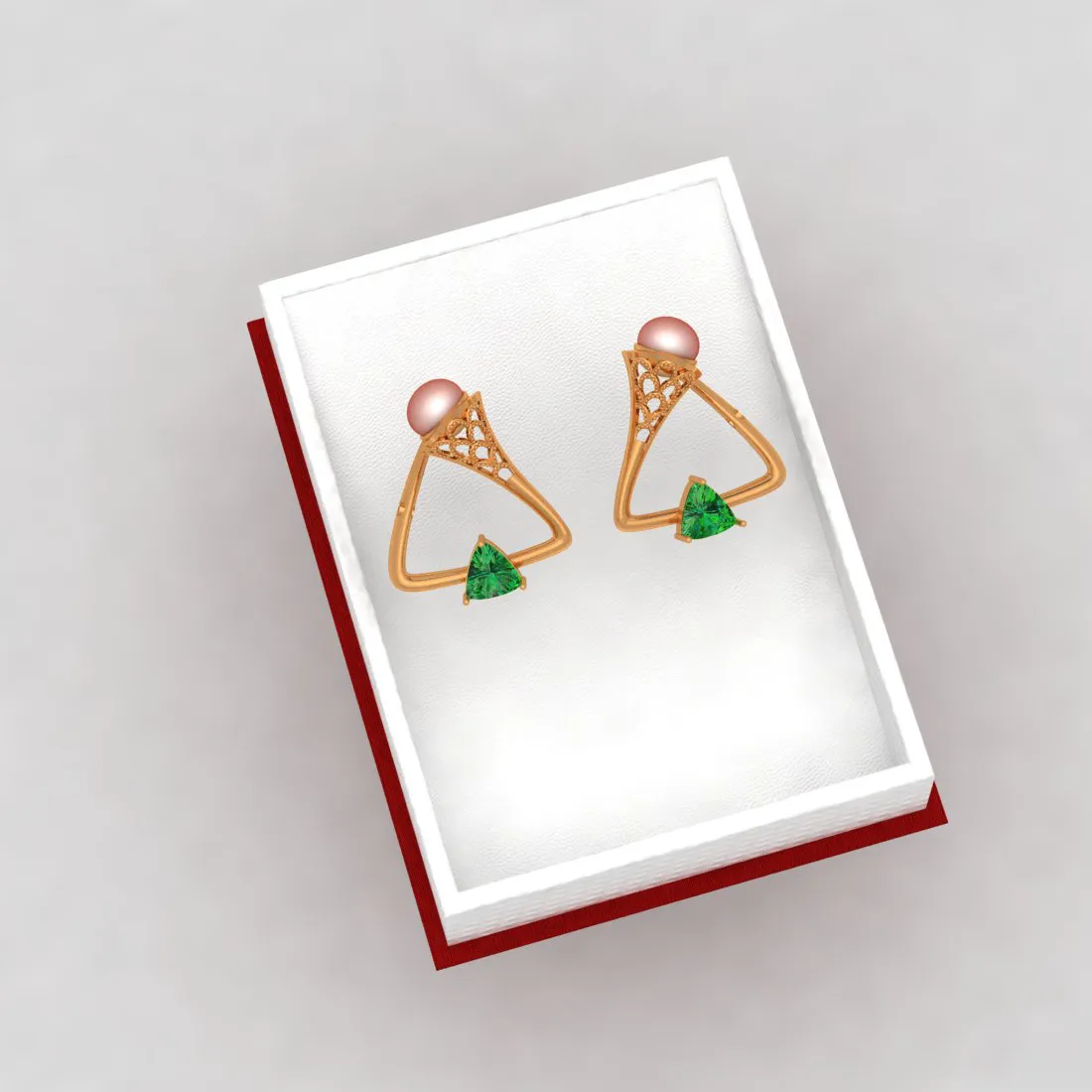 14k Triangular Shaped Gold Earrings With Green Stone