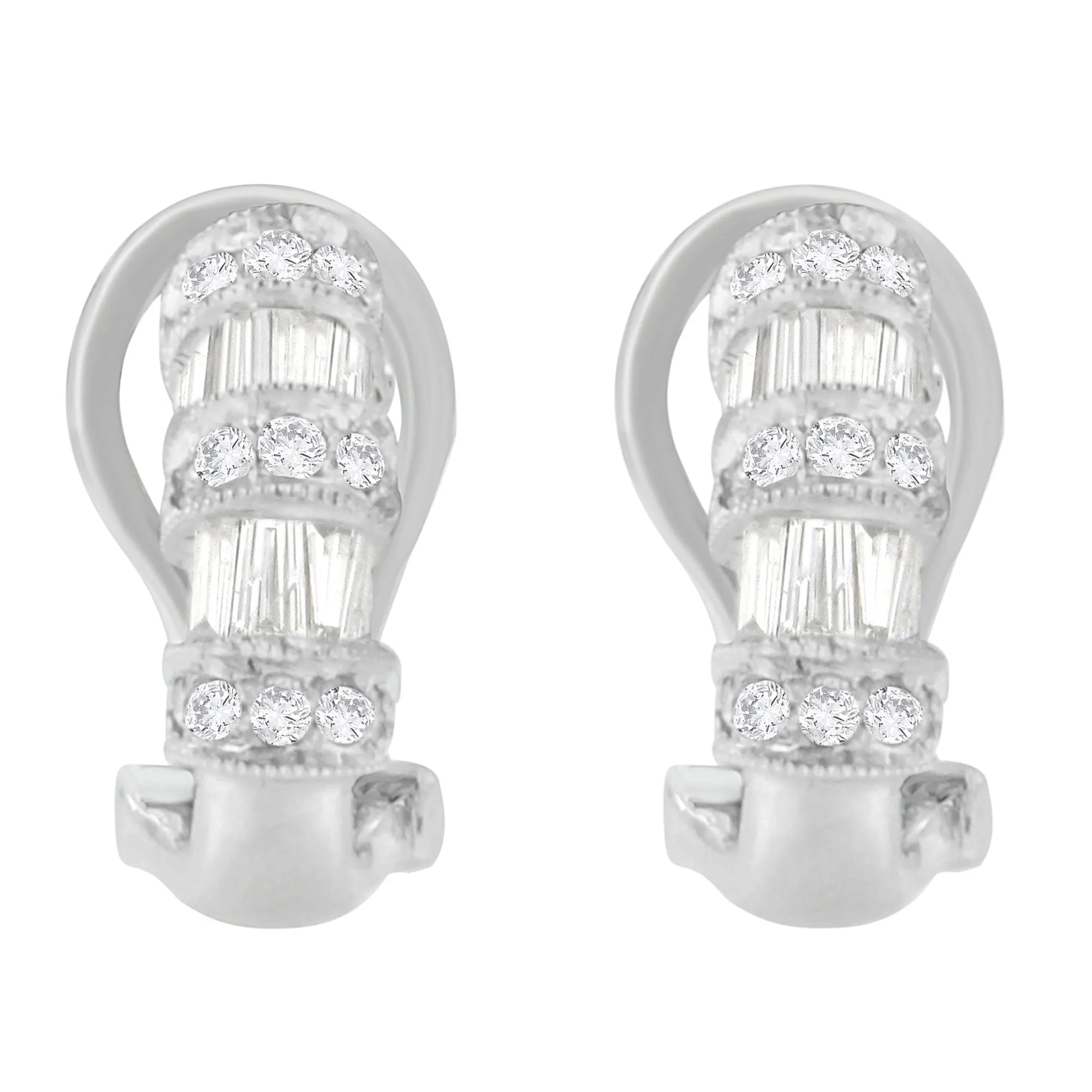 14K White Gold 1 cttw Round and Baguette Cut Diamond Earrings
