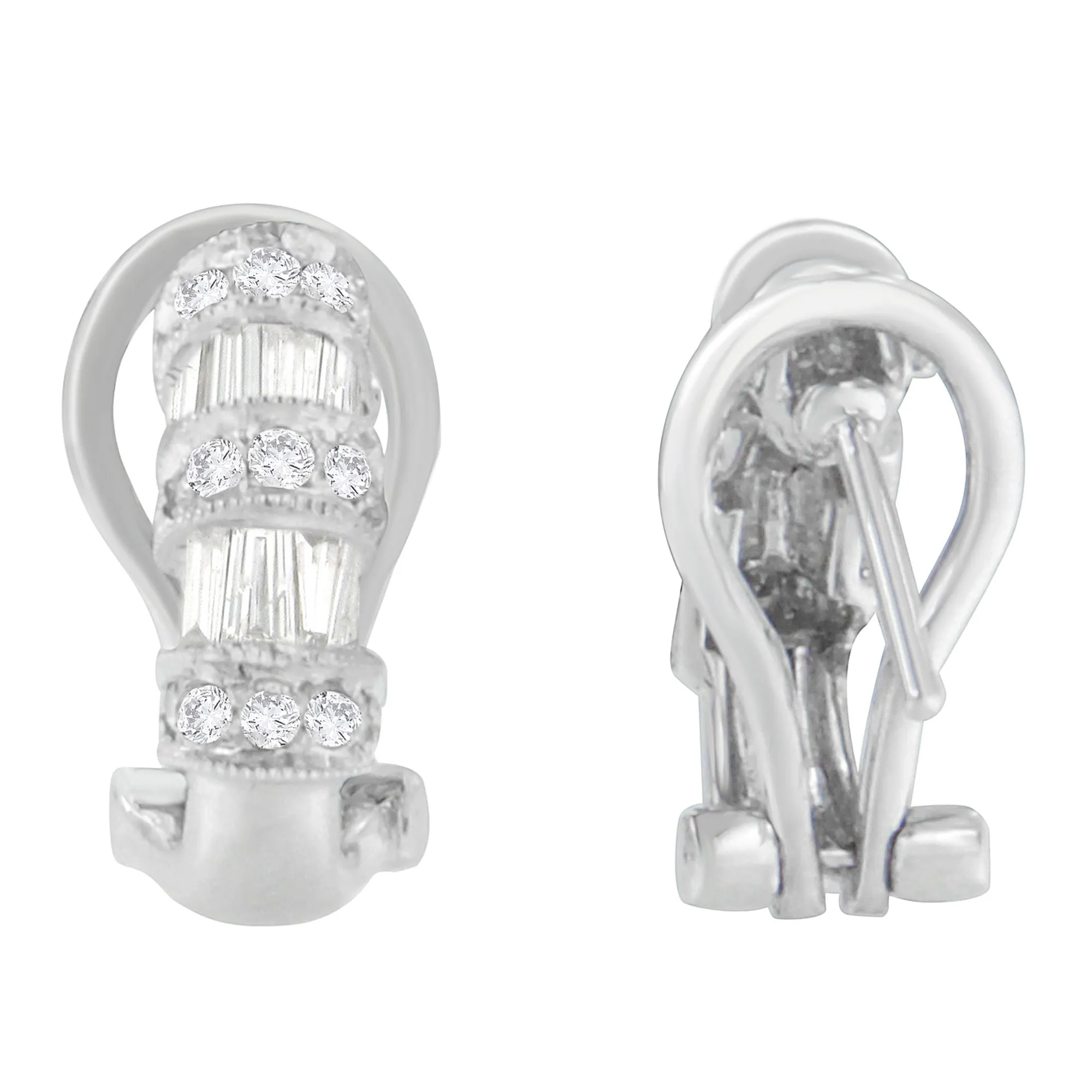 14K White Gold 1 cttw Round and Baguette Cut Diamond Earrings