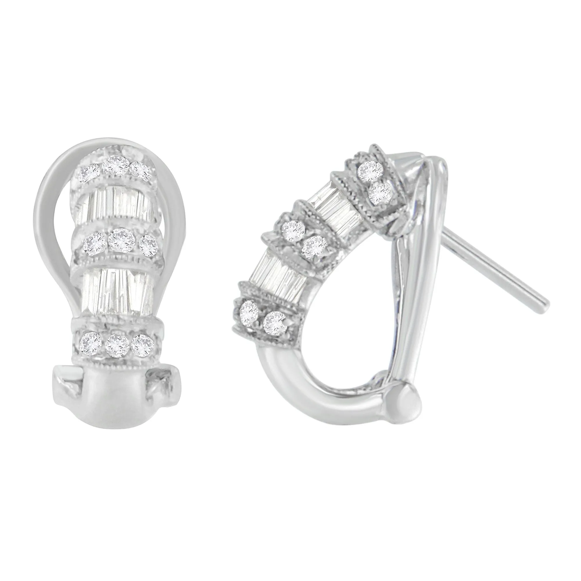 14K White Gold 1 cttw Round and Baguette Cut Diamond Earrings
