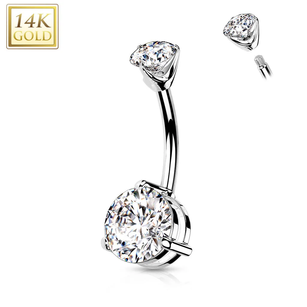 14k White Gold Round CZ Double Prong Set Belly Ring