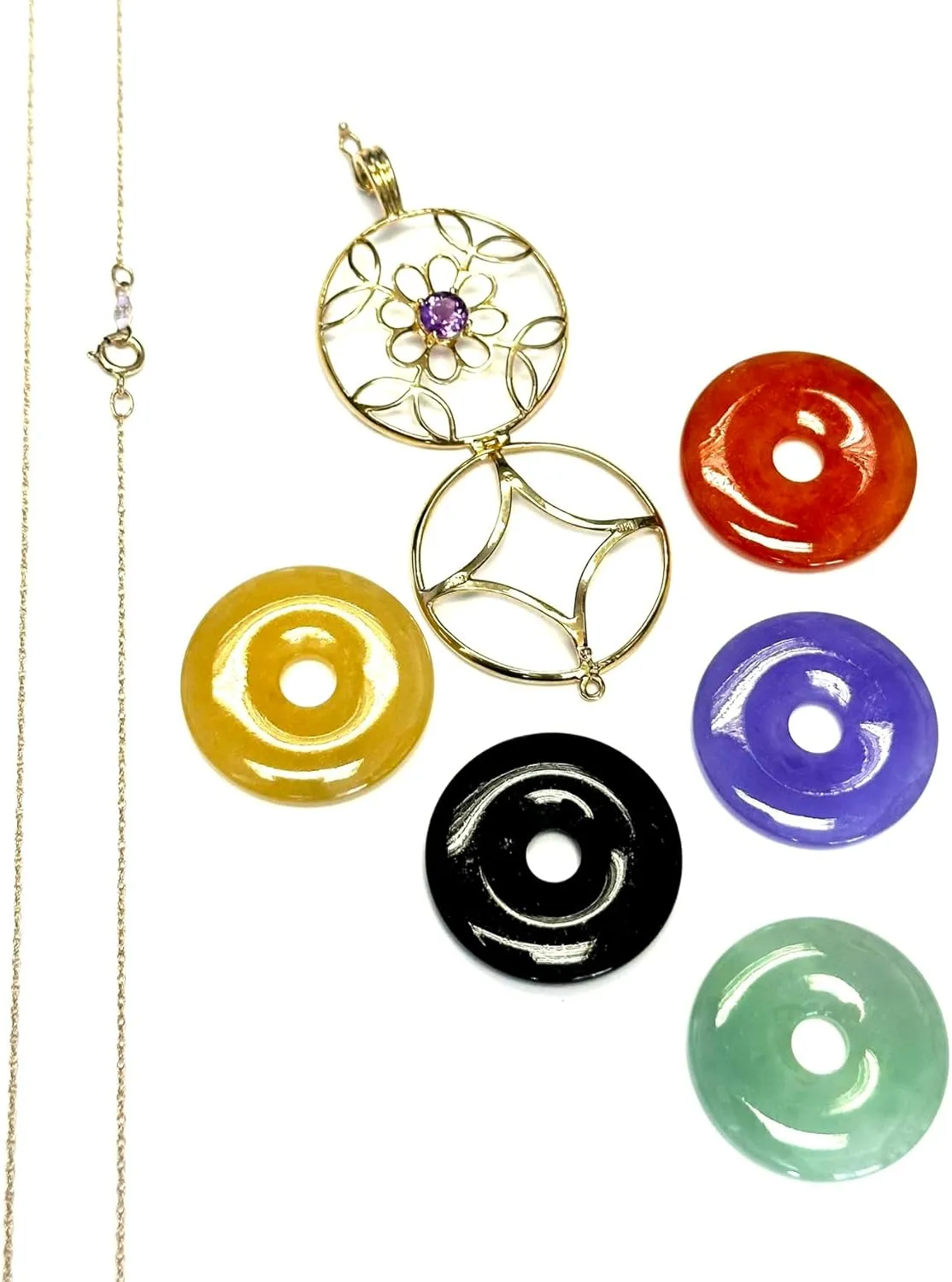 14K Yellow Gold 5pc Genuine Jade Interchangeable Flower Locket Pendant Necklace