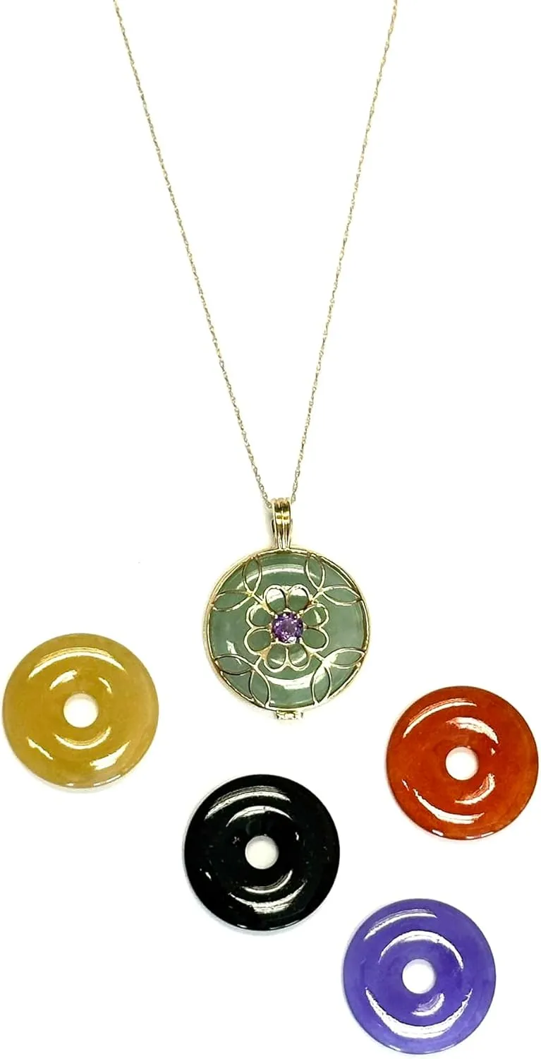 14K Yellow Gold 5pc Genuine Jade Interchangeable Flower Locket Pendant Necklace