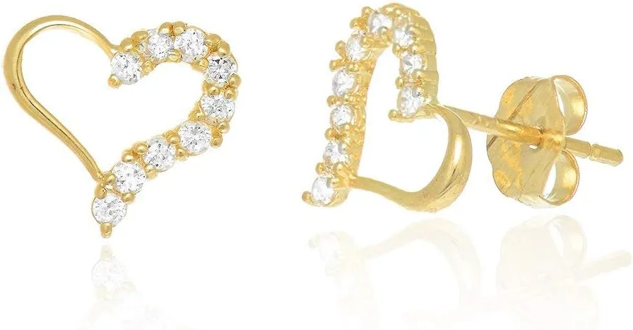 14K Yellow Gold Open CZ Heart Love Stud Post Earrings