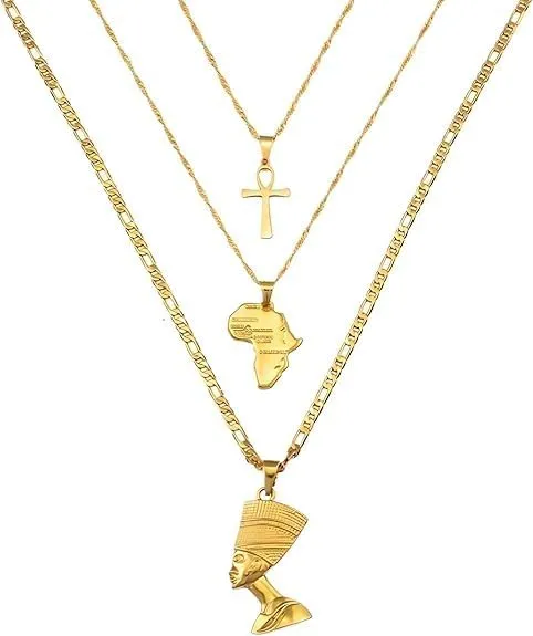 14k Yellow Gold Together Ankh Africa Map Nefertiti Necklace For Women - 925 Sterling Silver Set 3pcs Nefertiti Pendant Jewelry Queen Nefertiti Jewelry Egyptian Chain Necklace