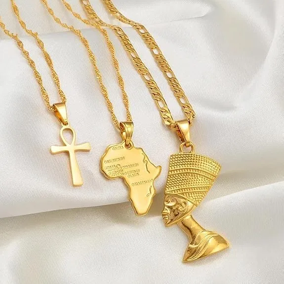 14k Yellow Gold Together Ankh Africa Map Nefertiti Necklace For Women - 925 Sterling Silver Set 3pcs Nefertiti Pendant Jewelry Queen Nefertiti Jewelry Egyptian Chain Necklace