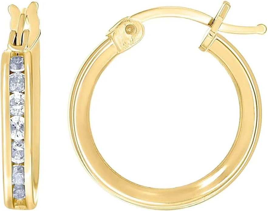 14k Yellow Gold Unisex Single Row CZ Simulated Diamond Huggie Hoop 14mm X 2mm Clip On Earrings-Clip on Earring for Women